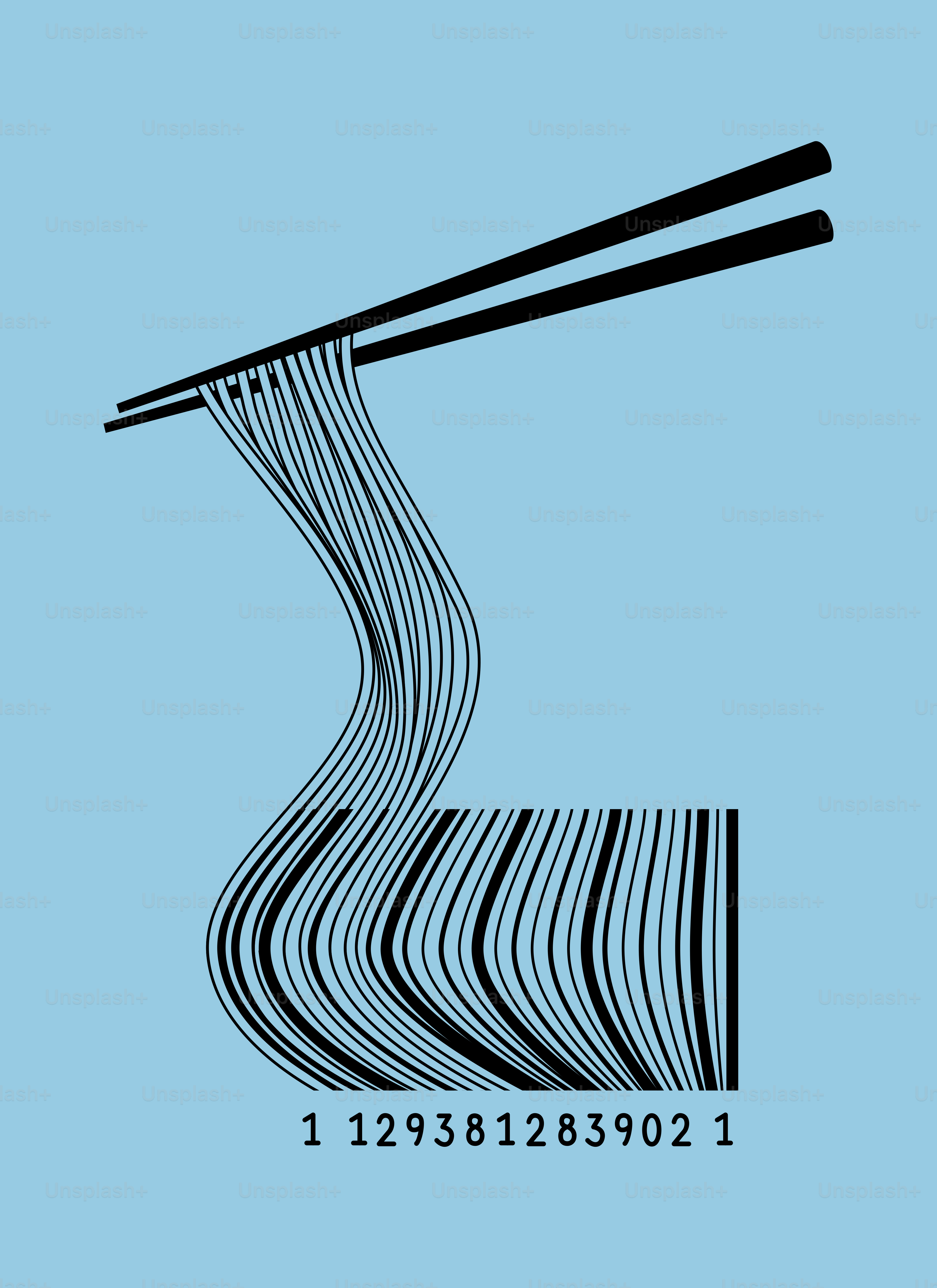 Chopsticks holding noodles that form a barcode.