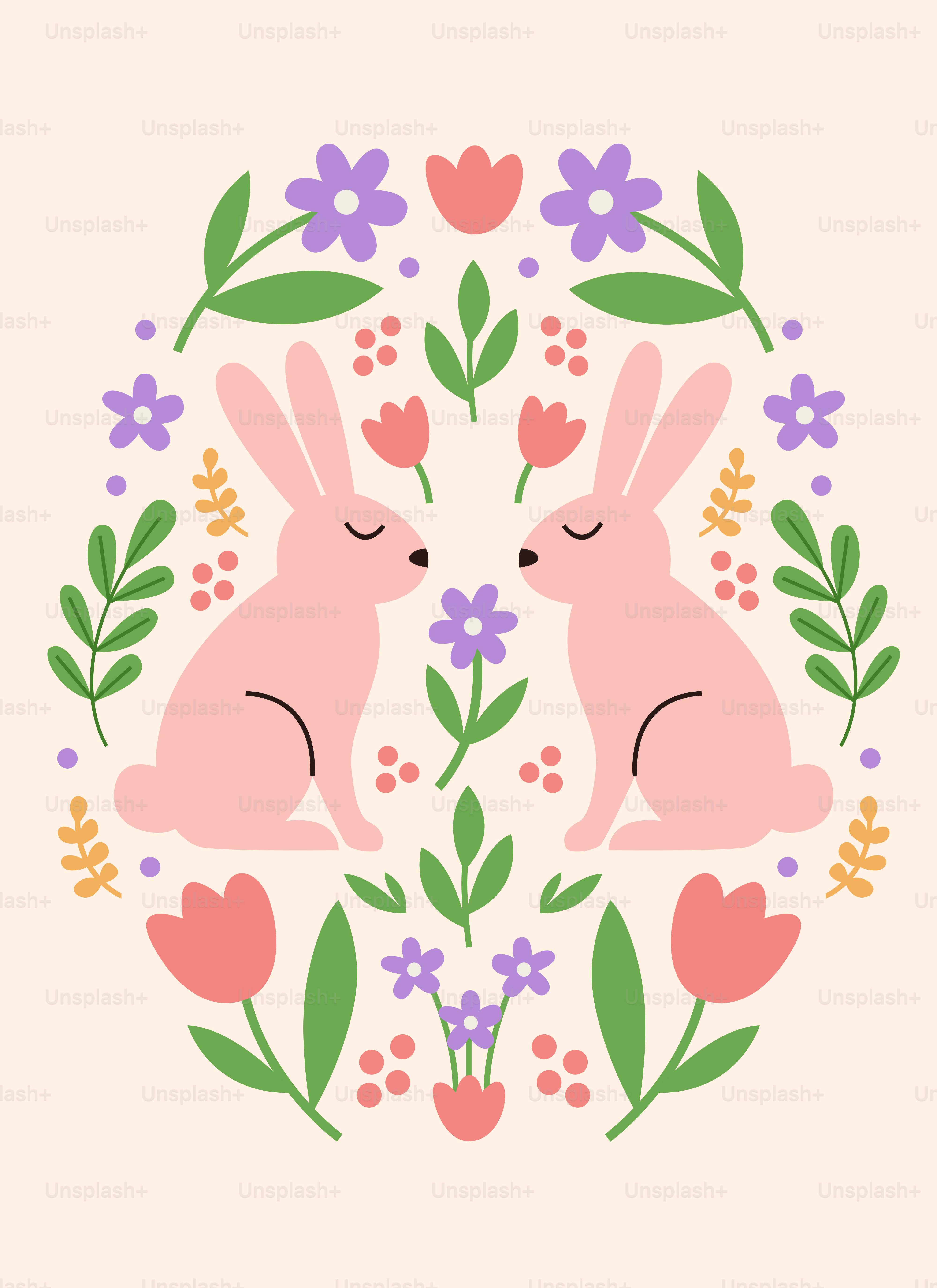 Two pink bunnies surrounded by flowers and leaves