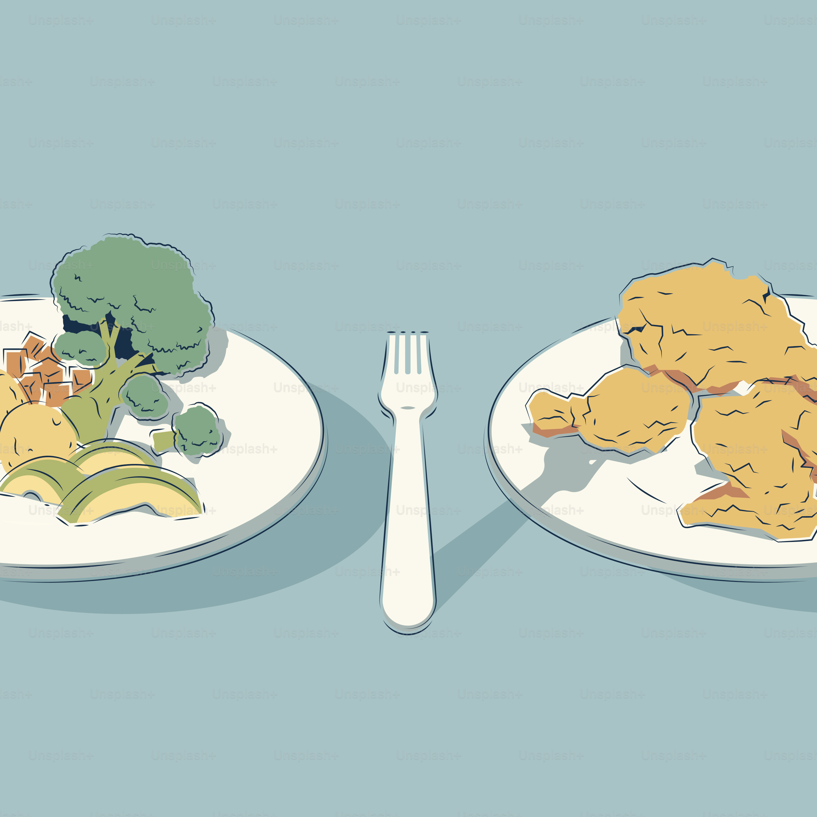 Two plates of food, one healthy, one fried.