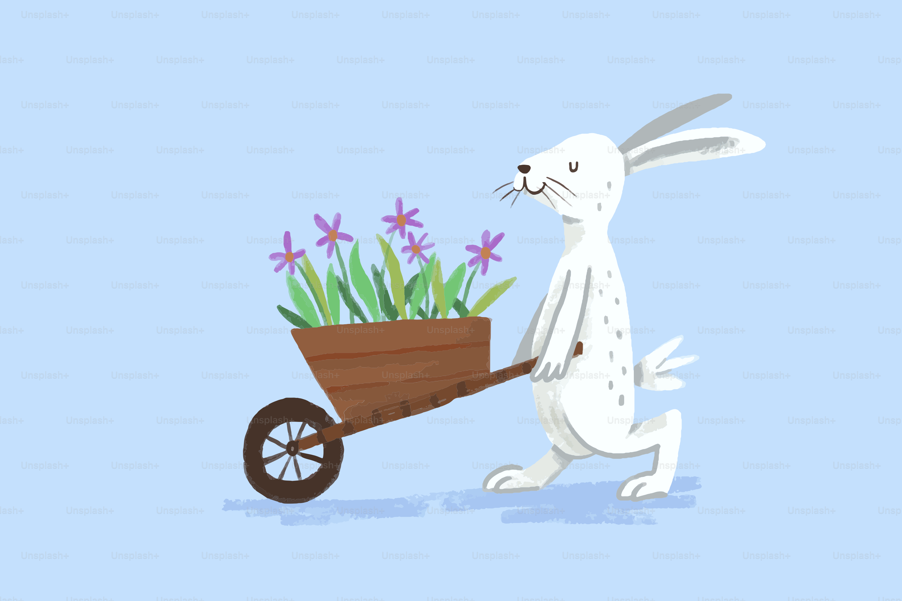 Um coelho branco empurra um carrinho de mão com flores.