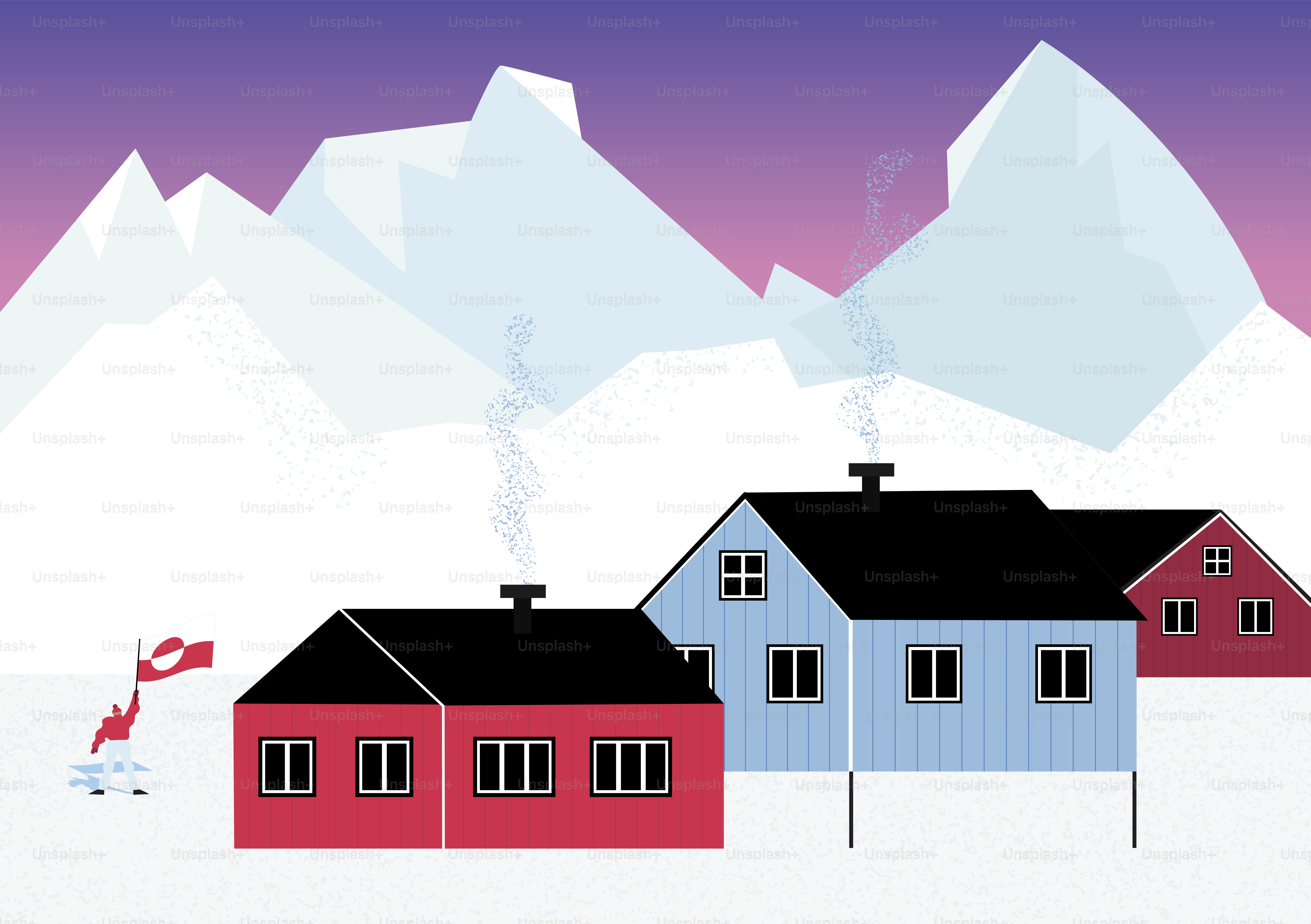 Bunte Häuser in einer verschneiten Landschaft mit Bergen.