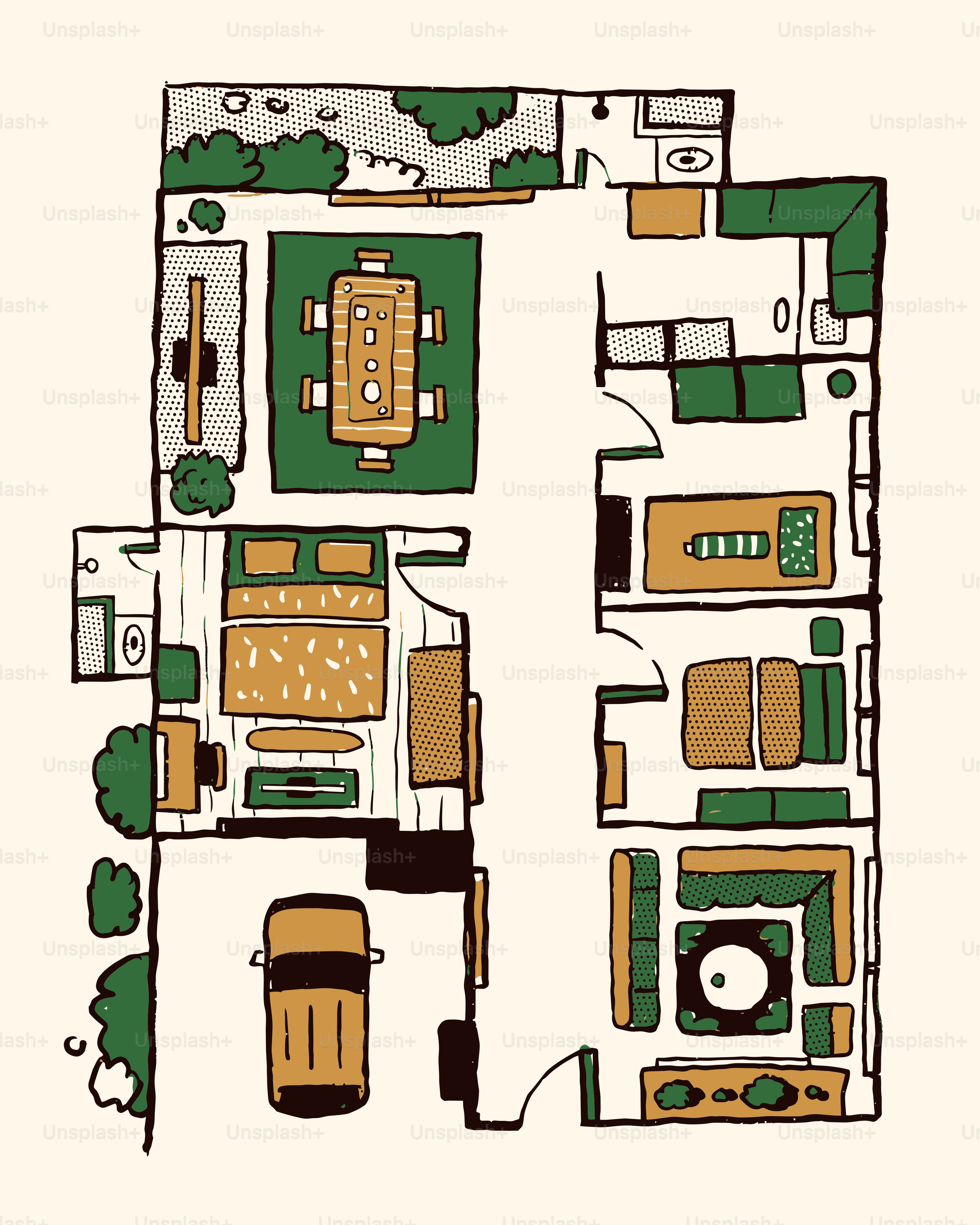 Plano de una casa con muebles y jardín.