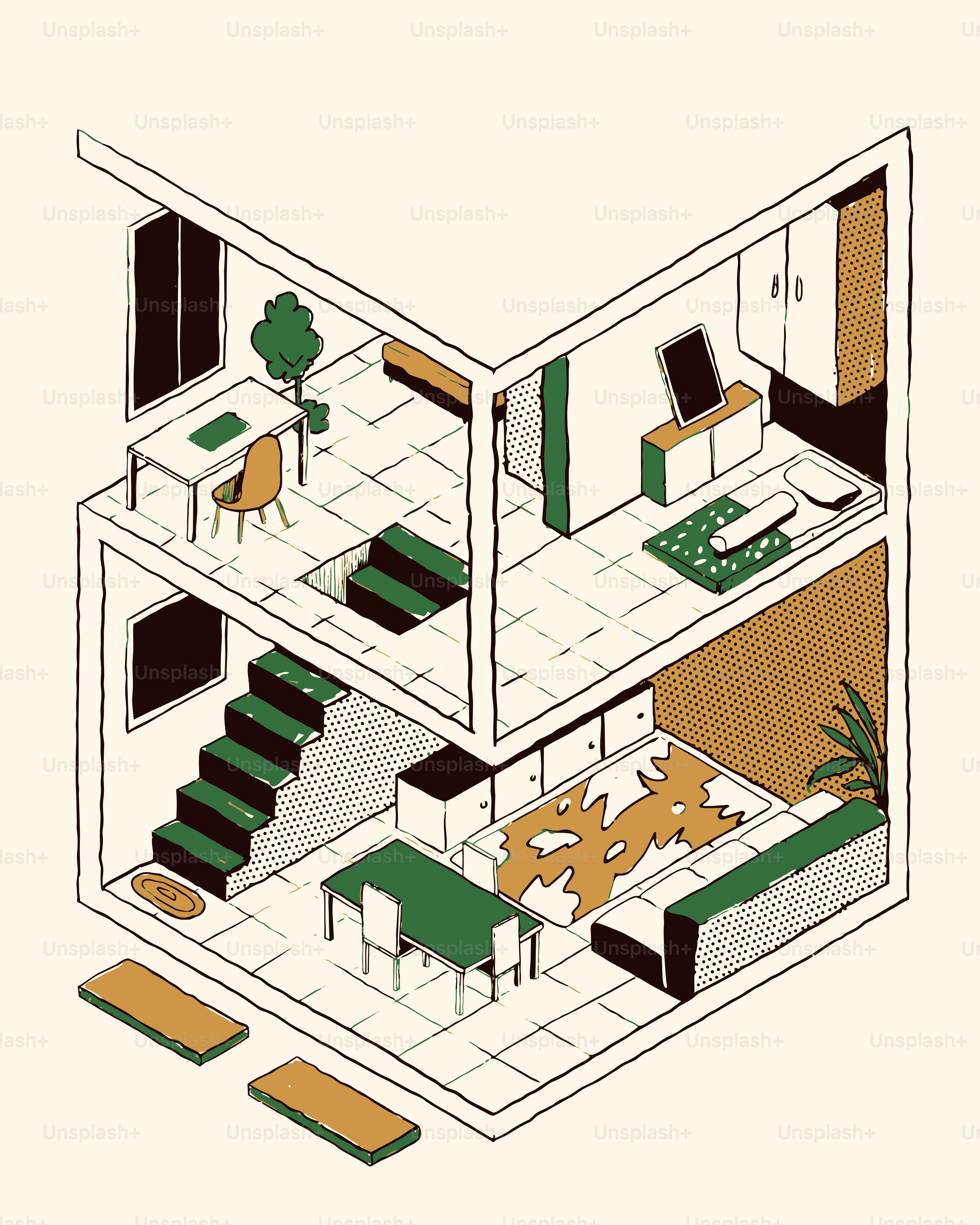 Isometric view of a two-story house interior.