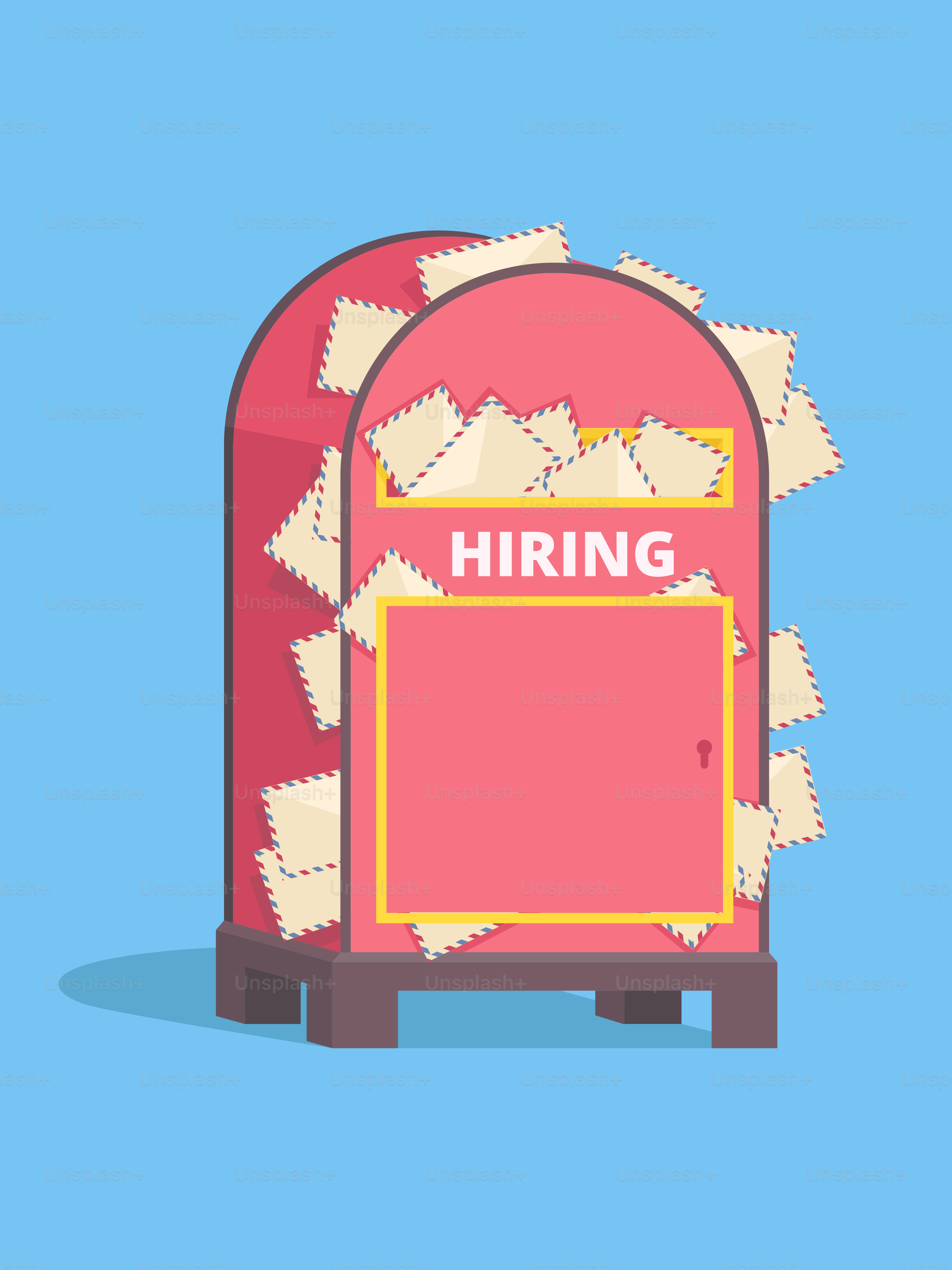 Red mailbox overflowing with letters, hiring applications