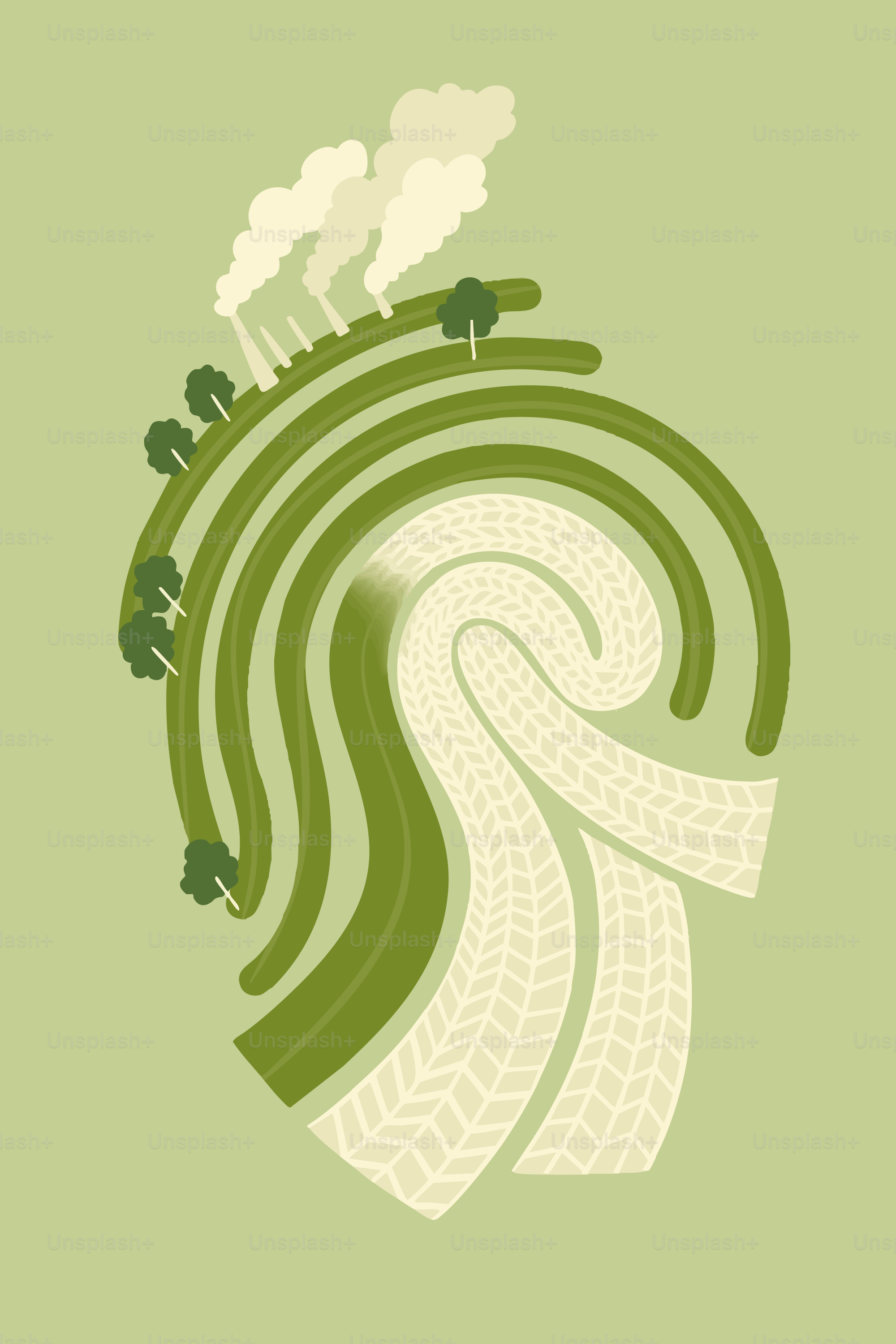 なだらかな丘陵と工業的な煙を抽象的に描写した作品。