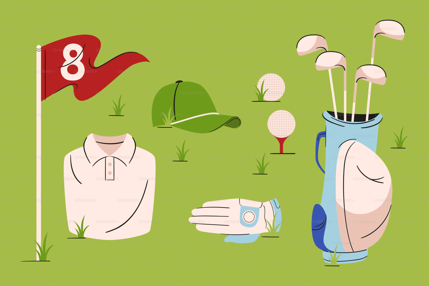 フラッグ、ポロ、キャップ、グローブ、クラブ、ボールなどのゴルフ用具。