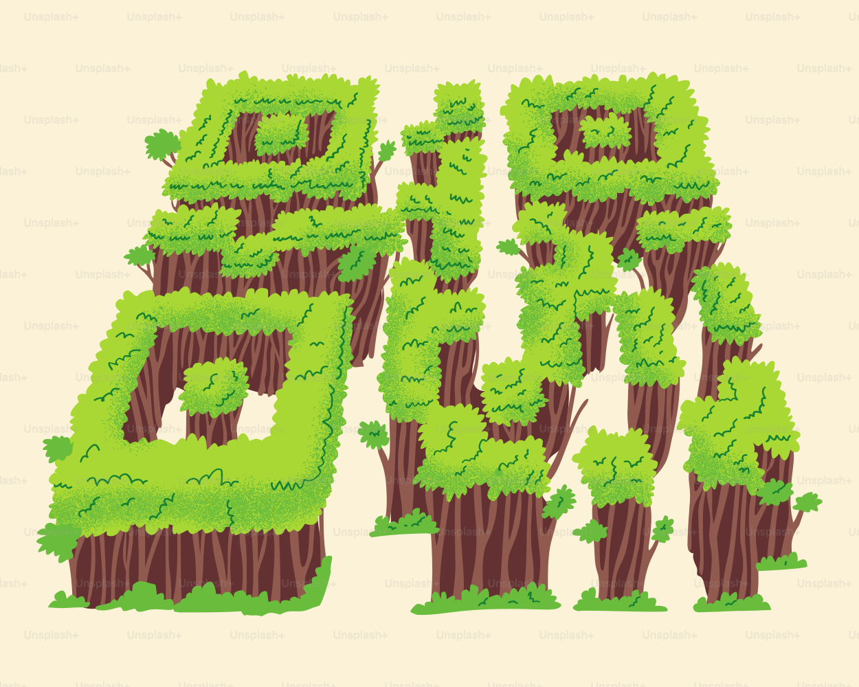 Grüne Bäume in Form von Buchstaben auf beigem Hintergrund