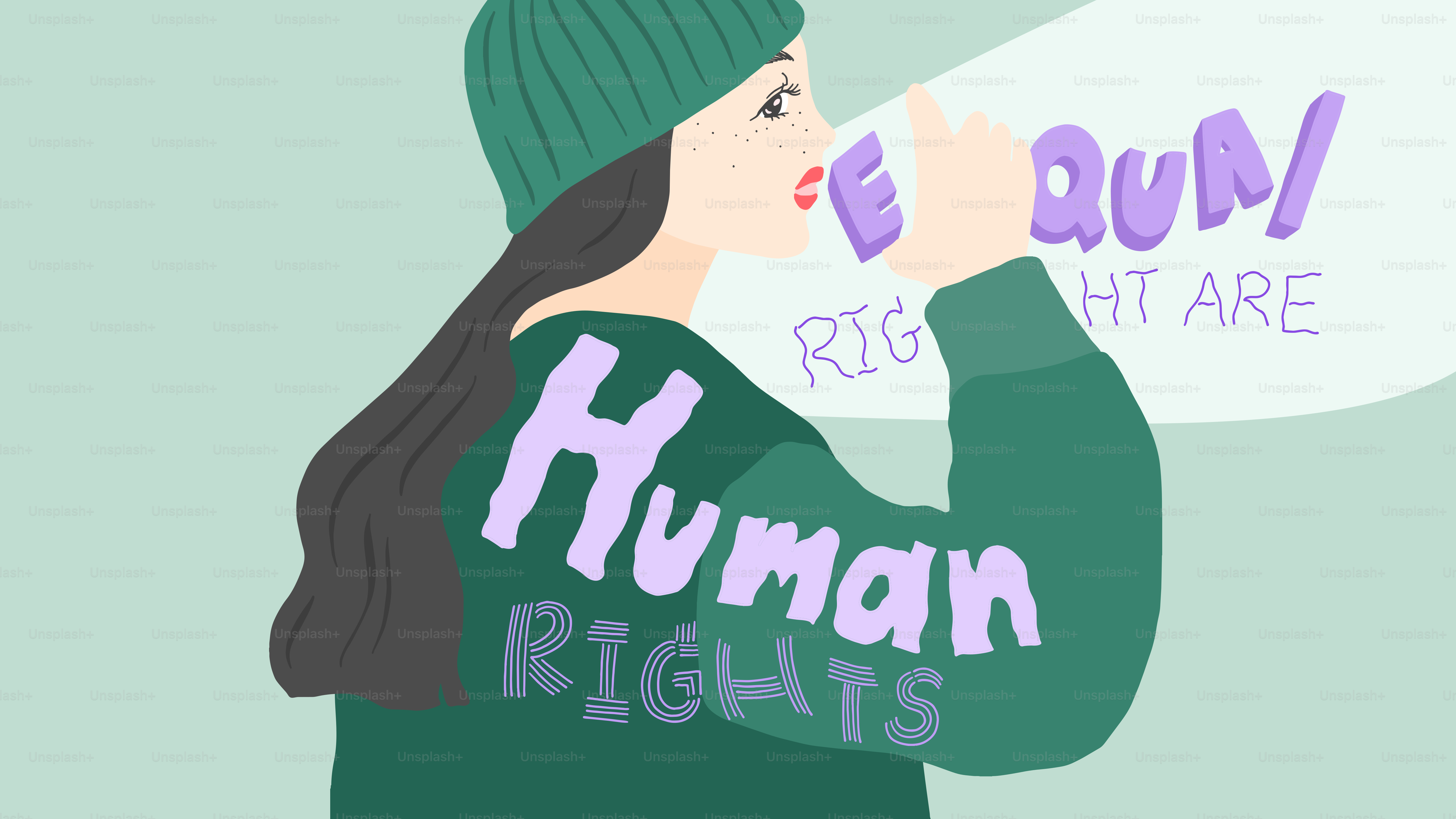 Woman shouting "human rights" through megaphone"