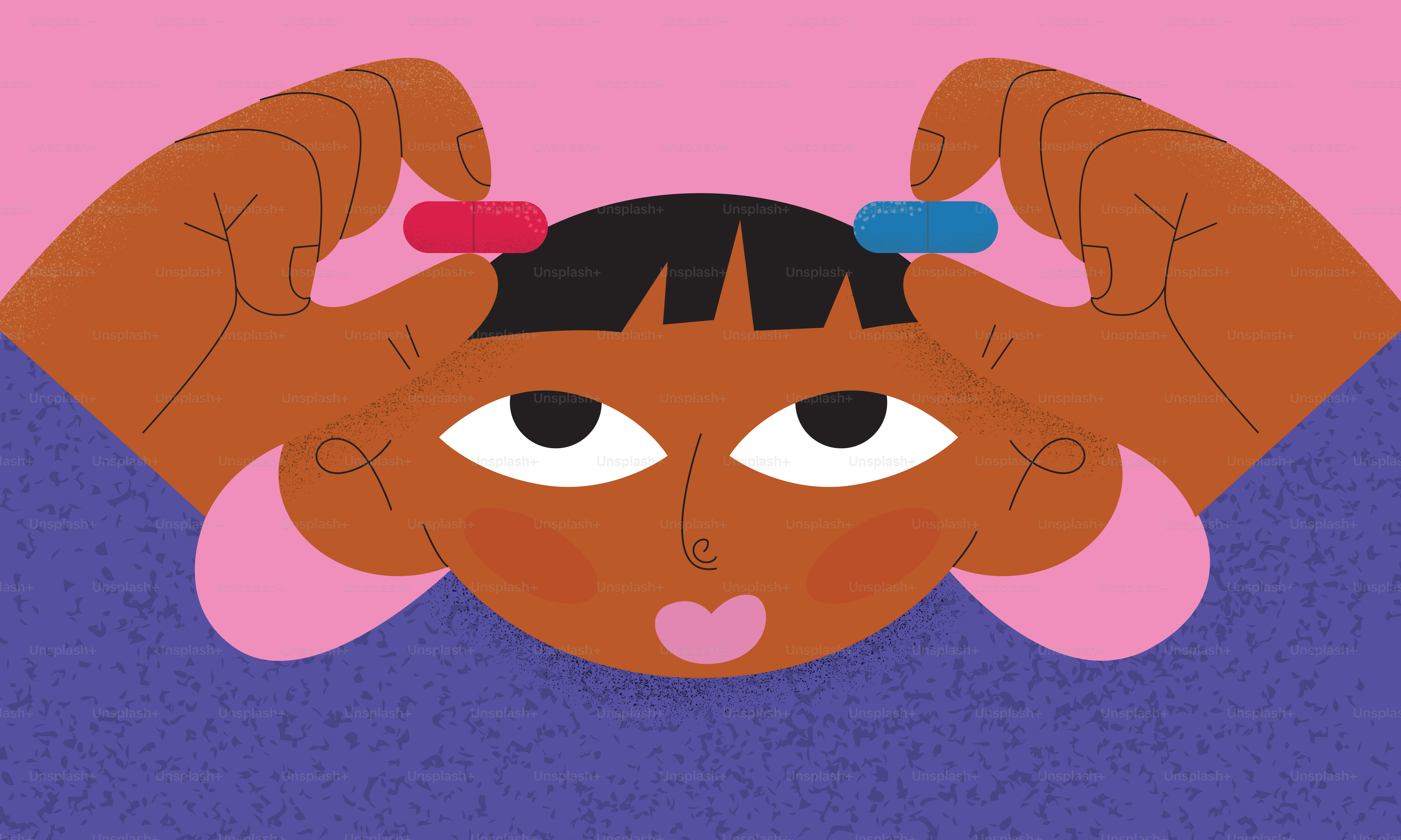 Person holding two pills near forehead