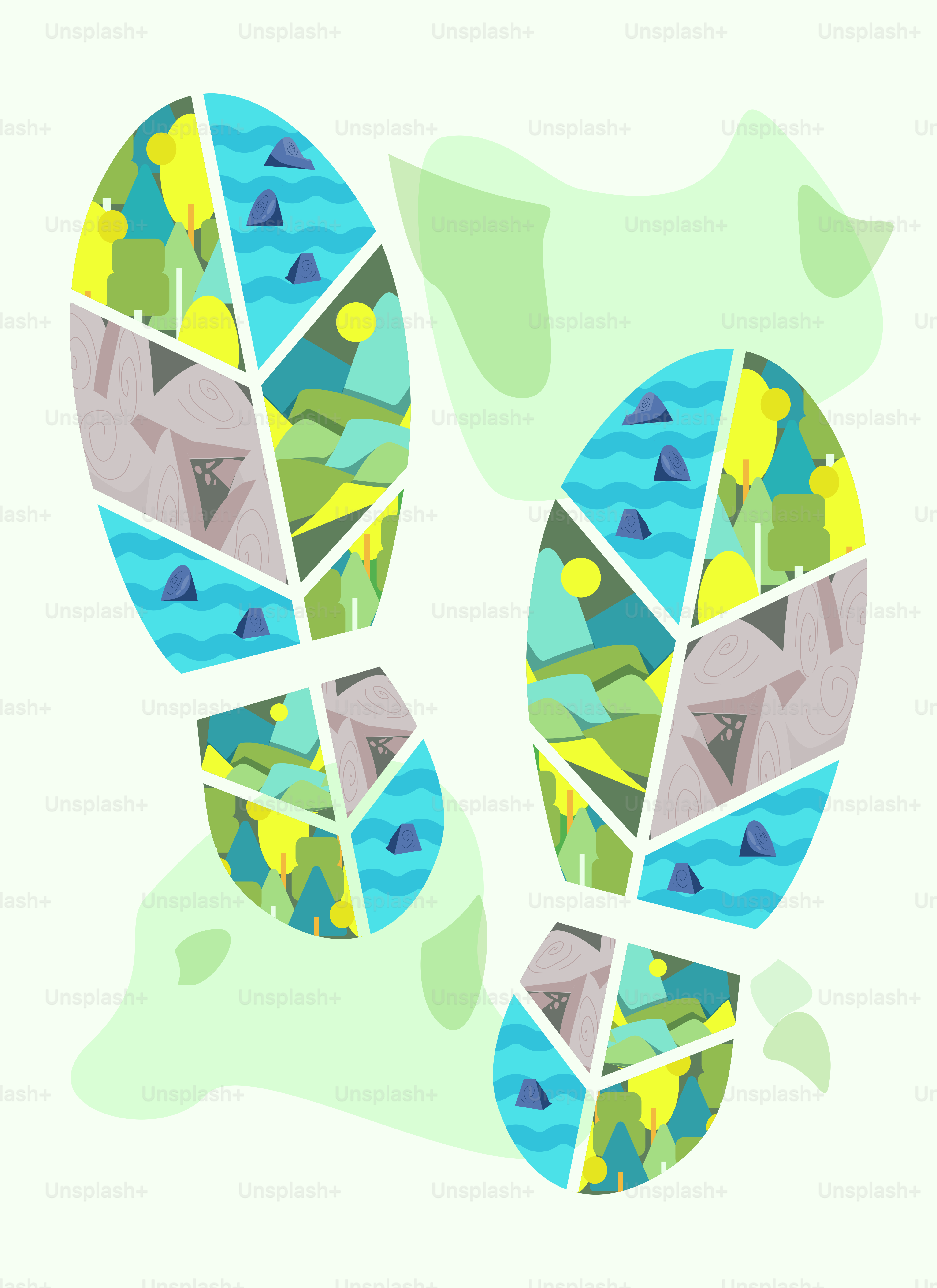 Footprints filled with colorful landscape scenes