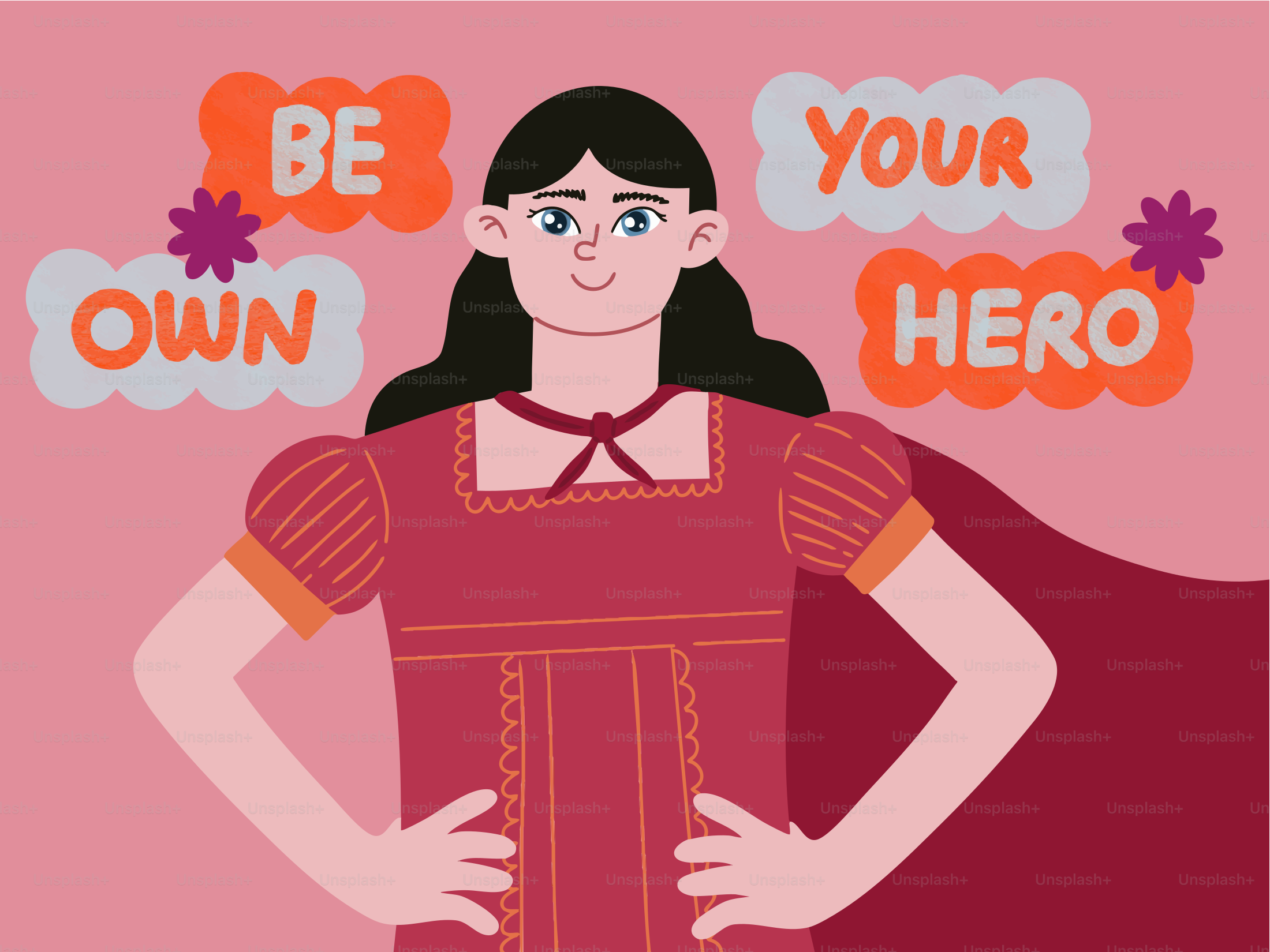 Giovane donna in costume da supereroina con testi che danno potere.