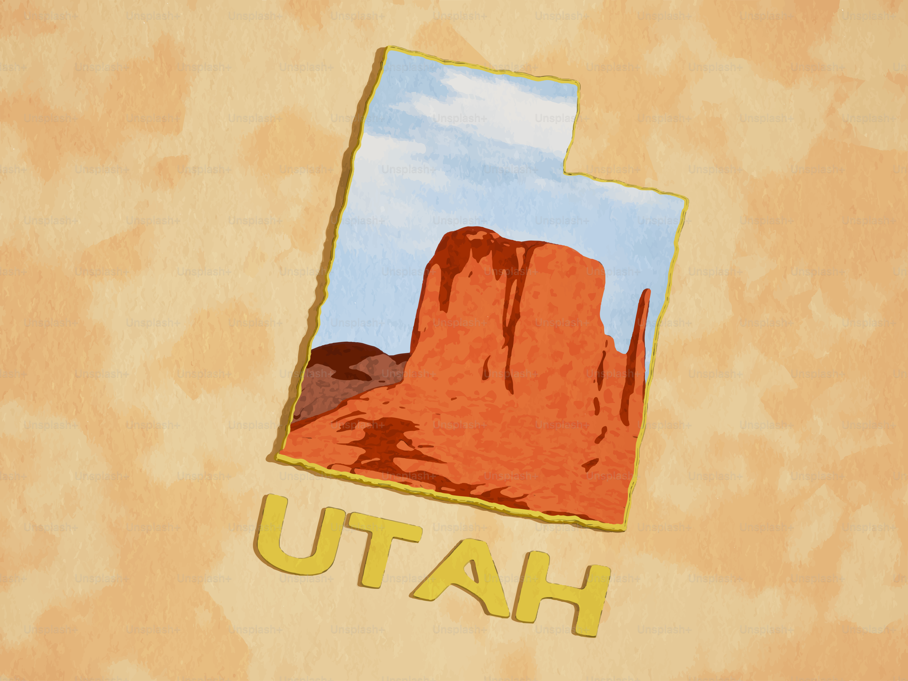 Outline of utah with desert landscape and text.