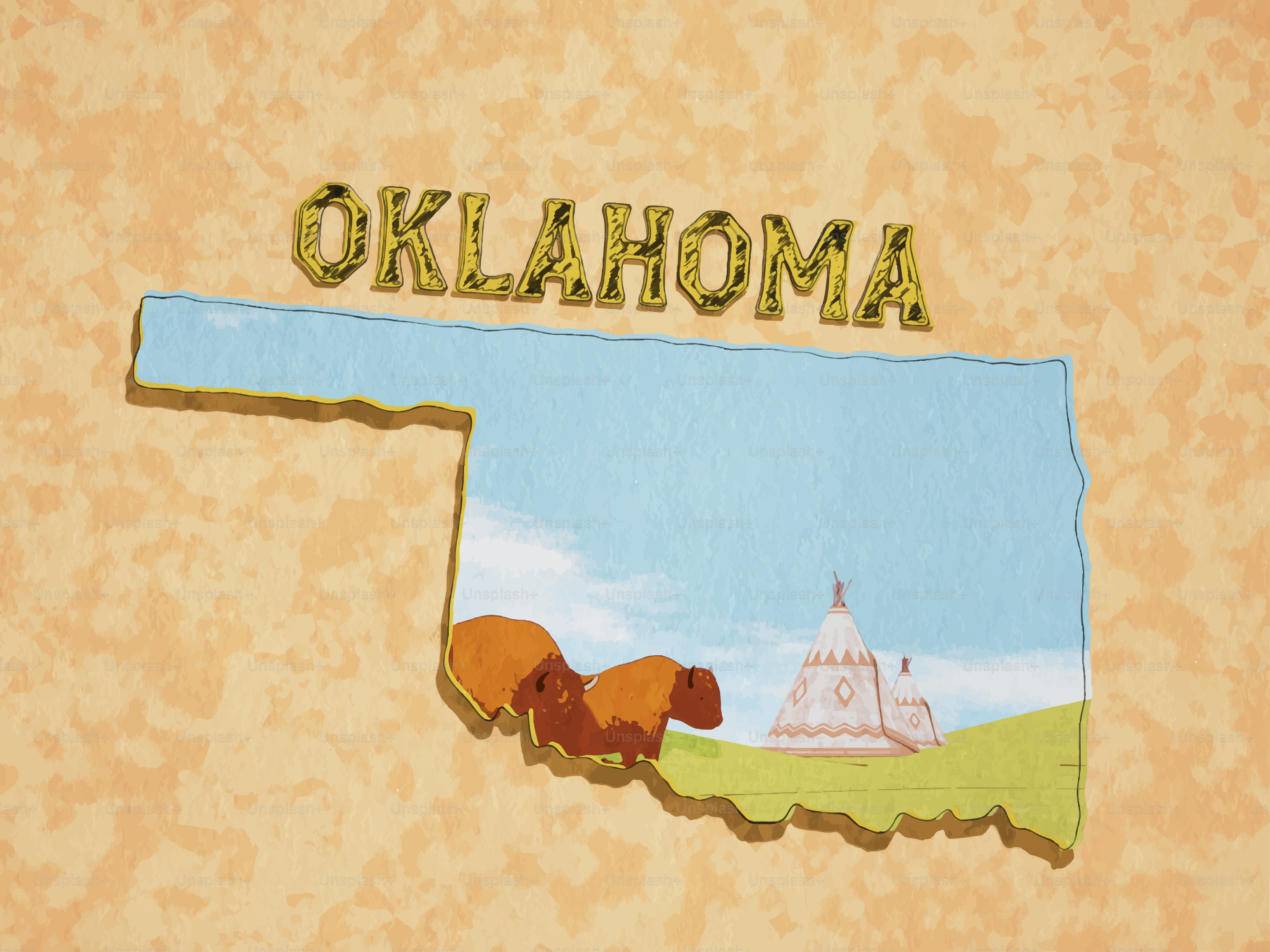 Oklahoma state outline with capitol building and cattle.