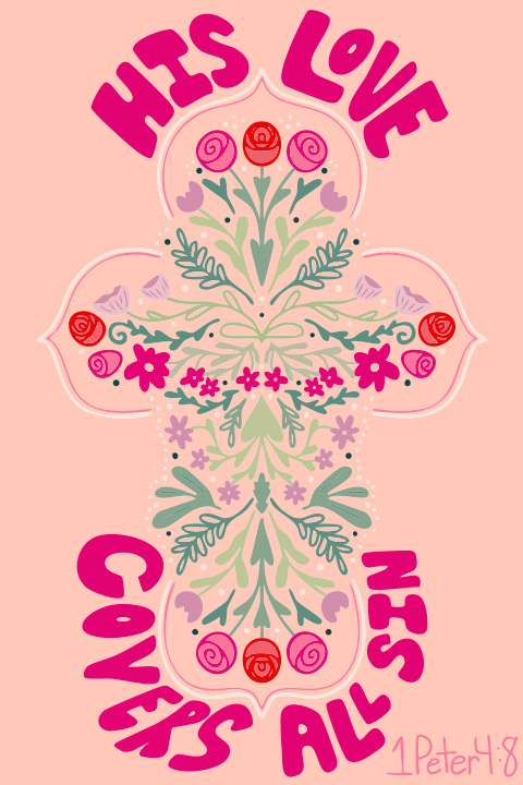 Cruza con diseño floral y texto de "su amor lo cubre todo".