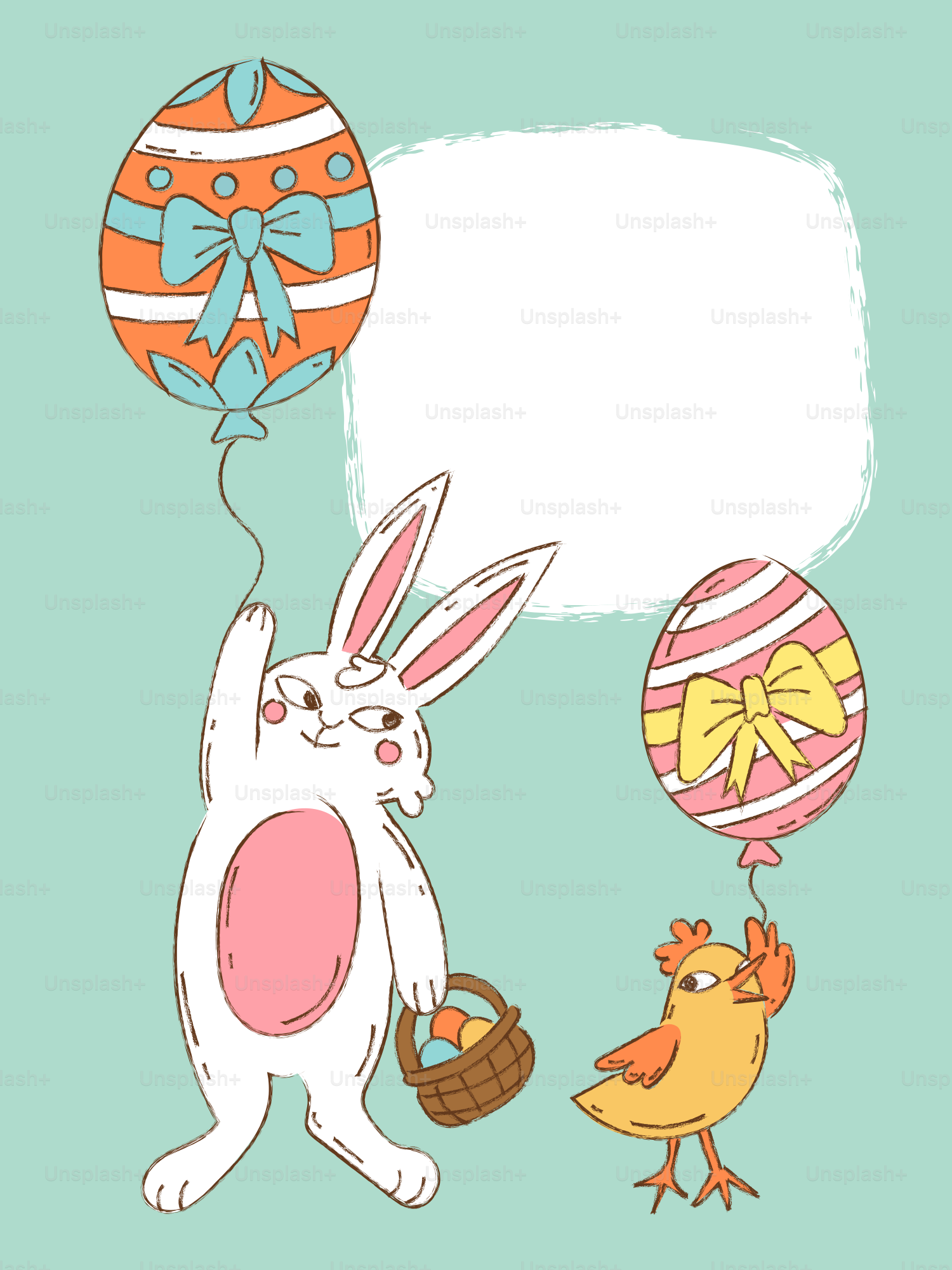 Conejo de Pascua y pollito con globos de huevo decorados