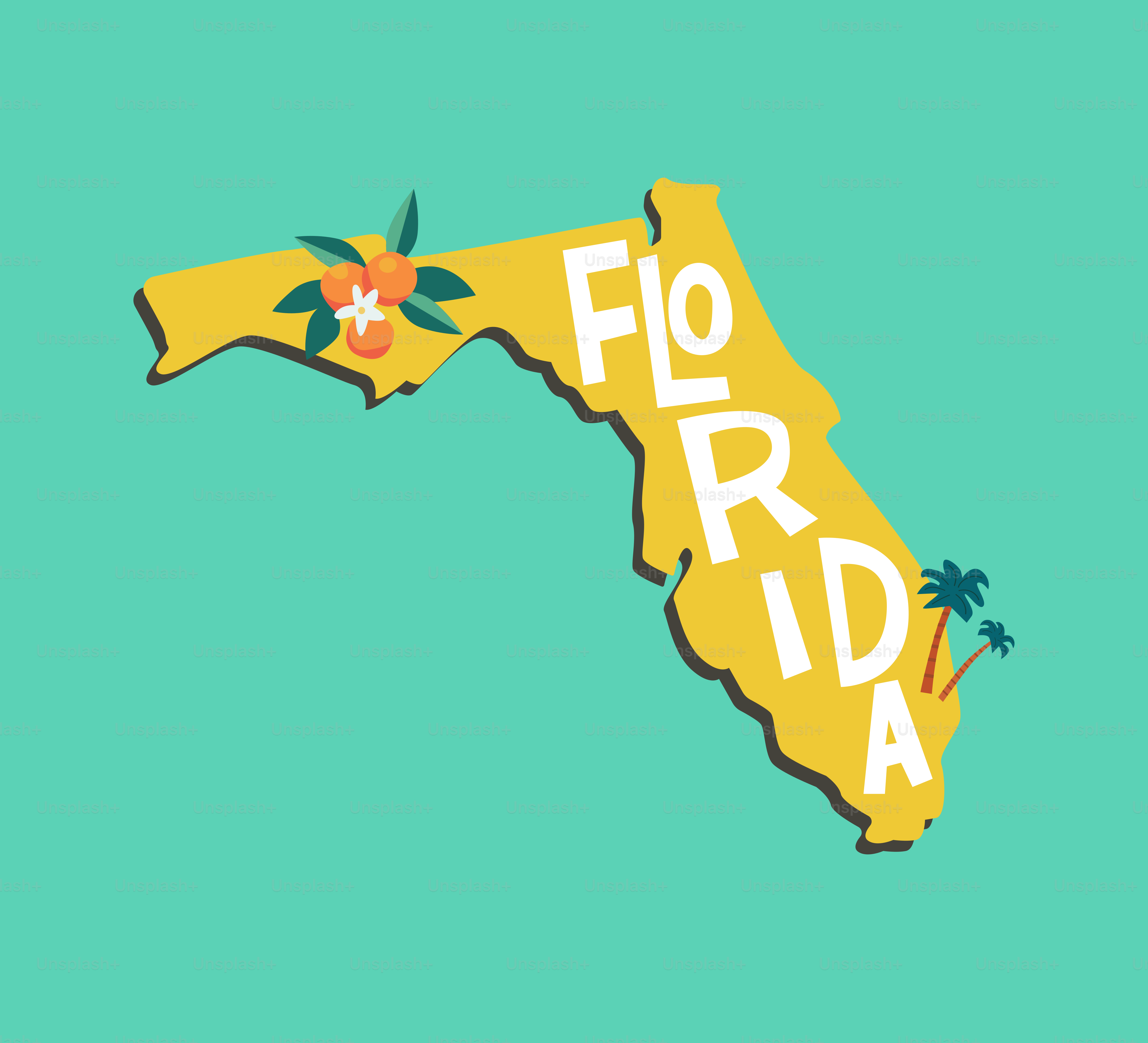 Gelbe Umriss des Bundesstaates Florida mit Orangen und Palmen