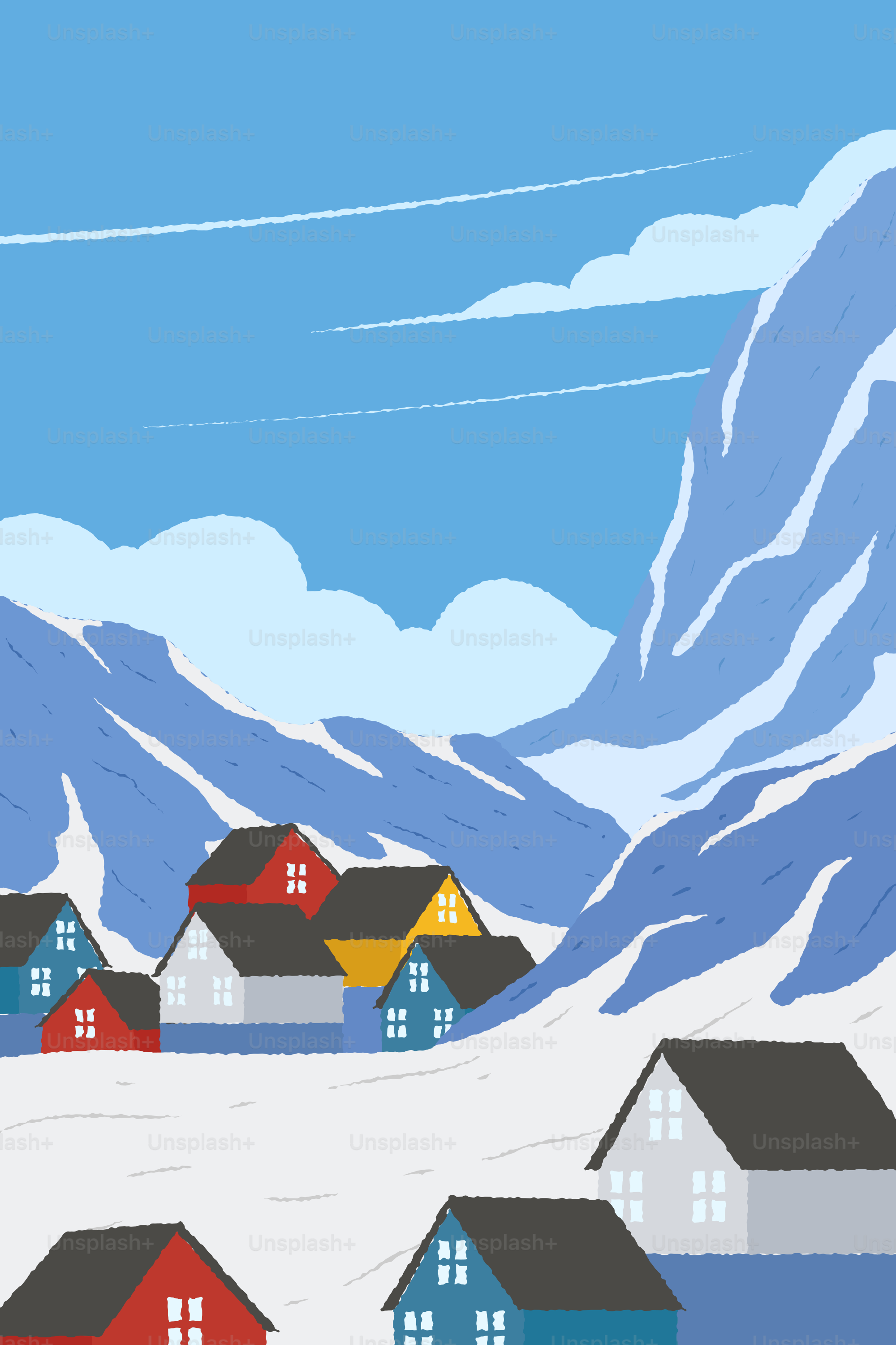 Casas coloridas aninhadas em um vale montanhoso nevado.