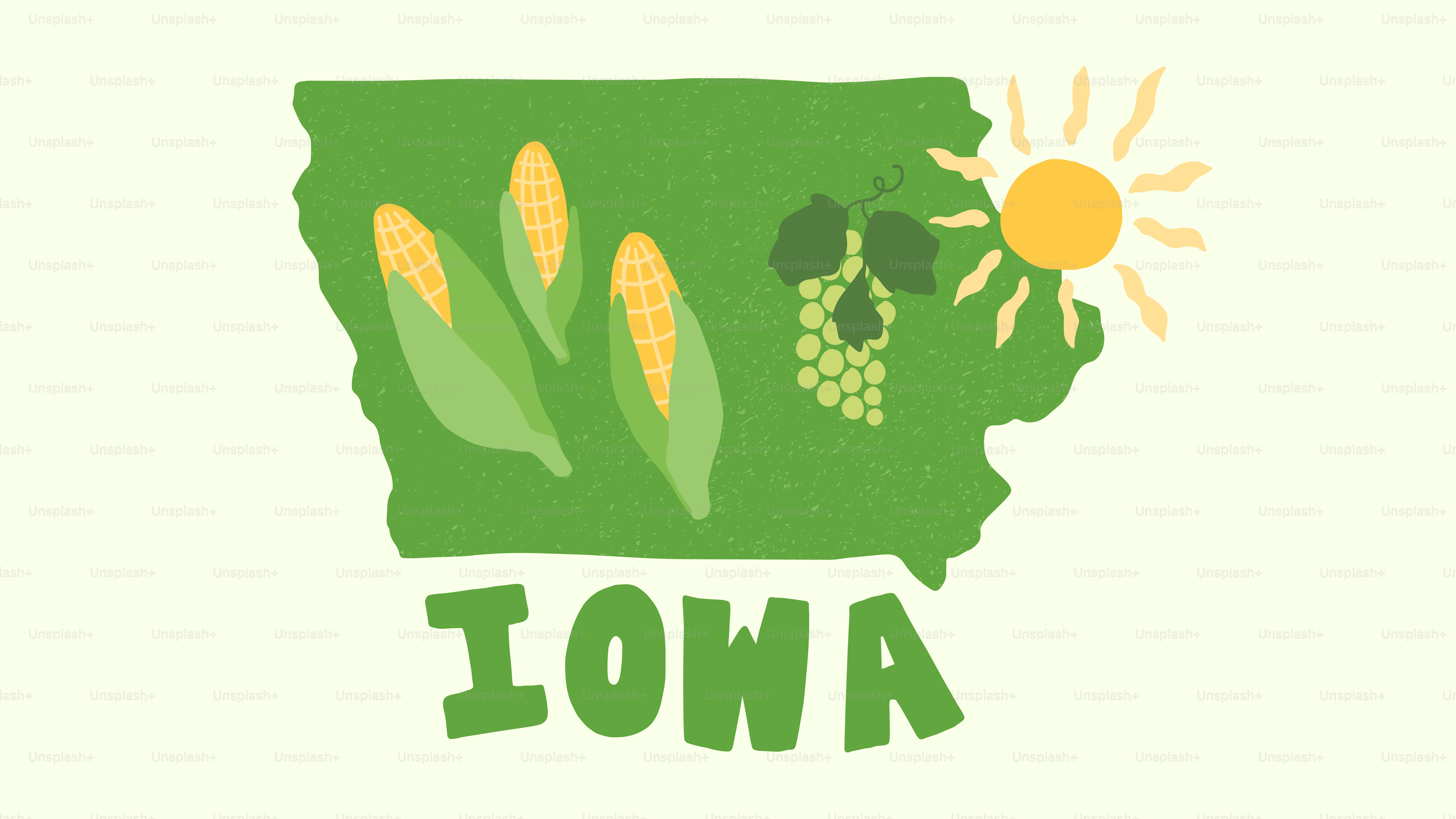 Garis besar negara bagian Iowa dengan jagung, anggur, dan matahari.