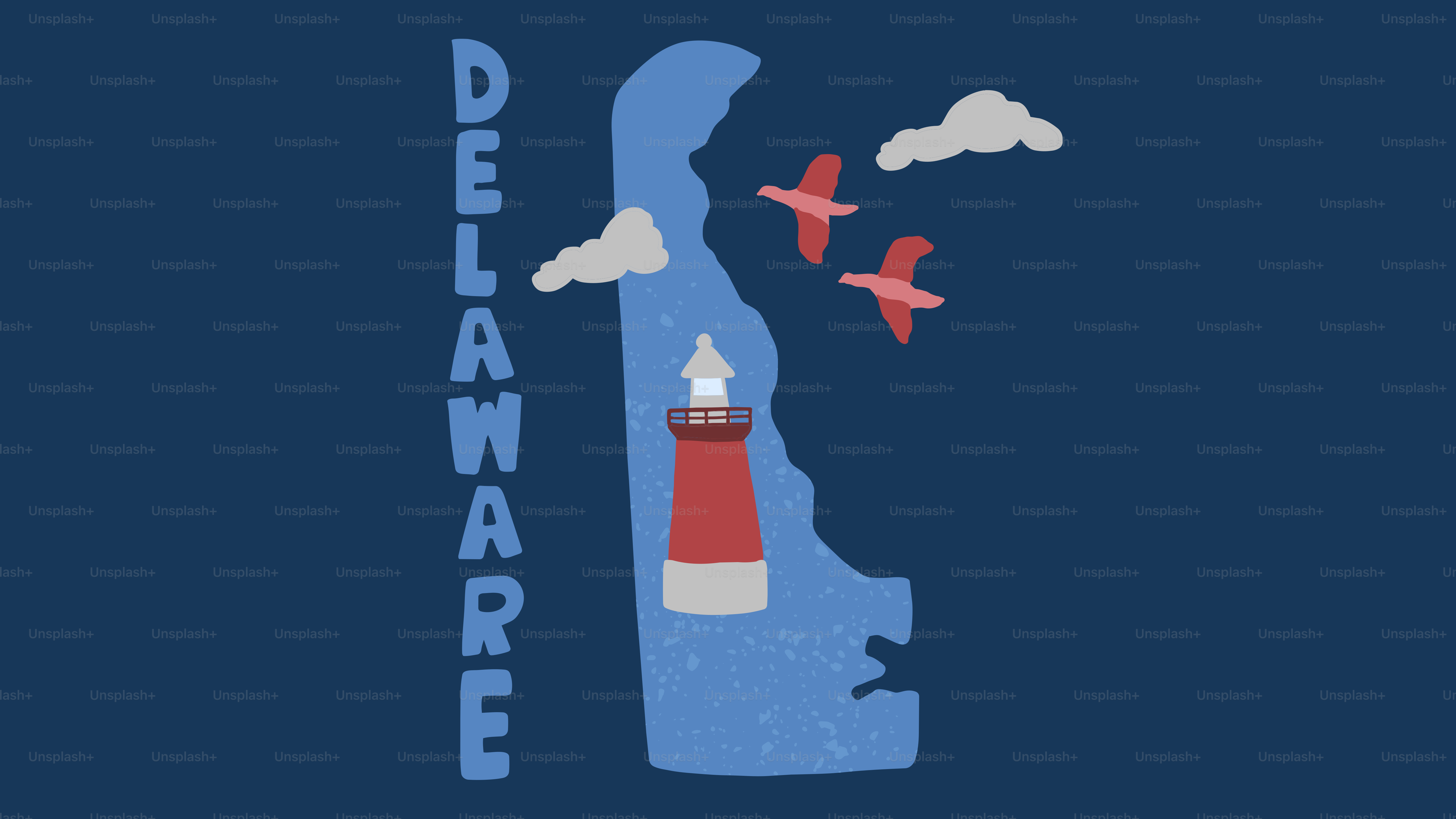 Delaware-Karte mit Leuchtturm und Vögeln