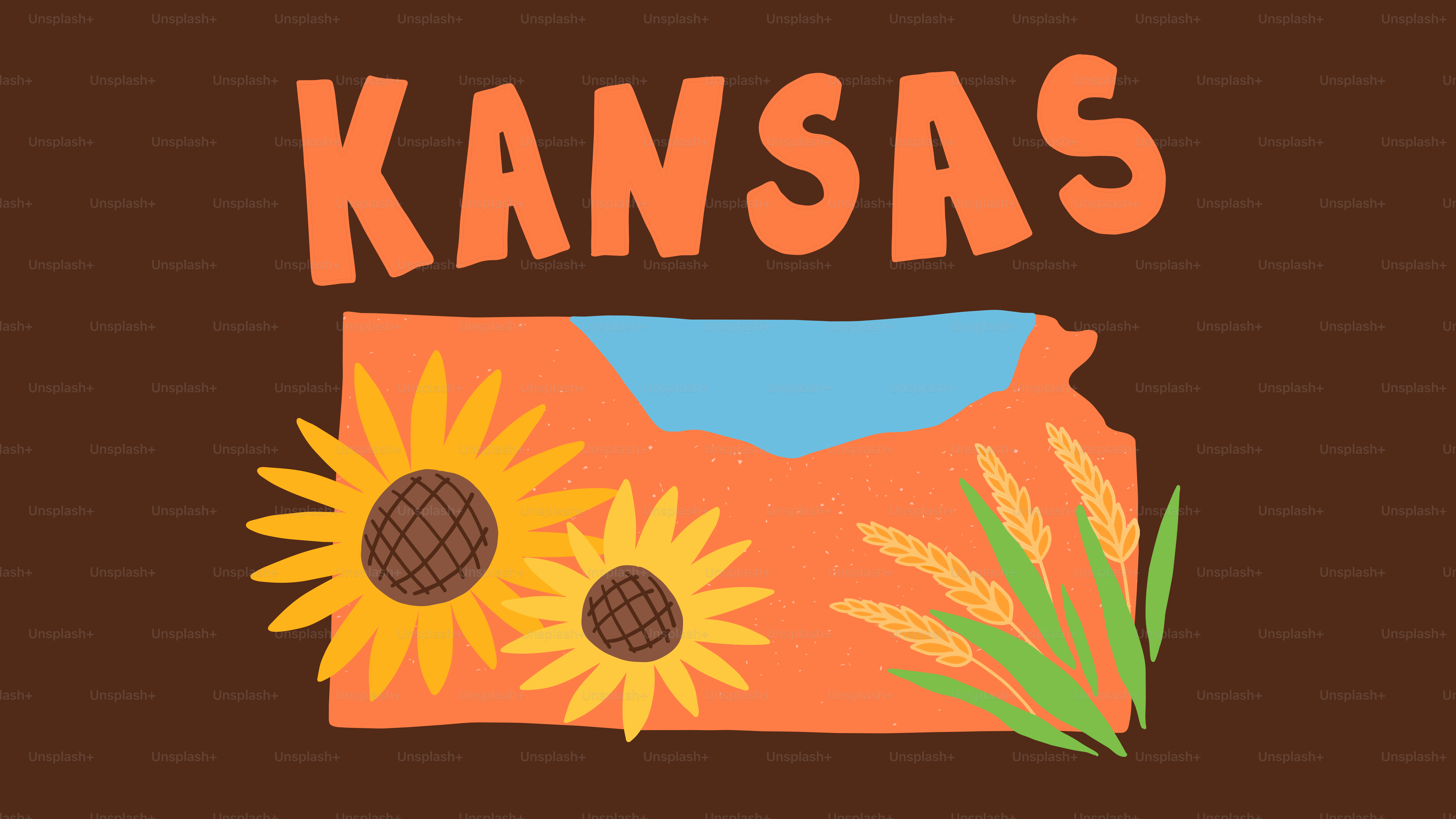 Umriss des Bundesstaates Kansas mit Sonnenblumen und Weizen.