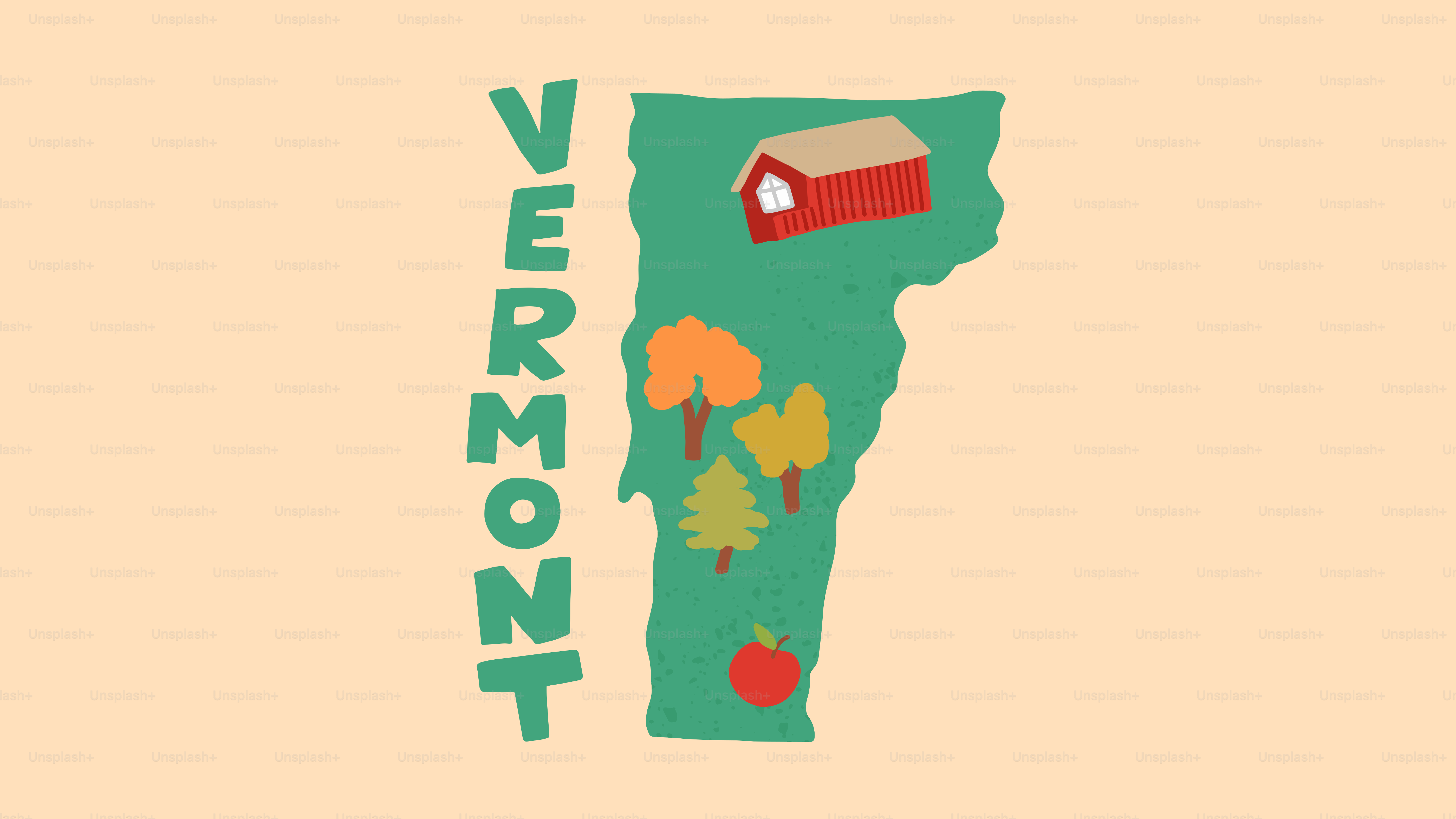 Map of vermont with fall trees and barn
