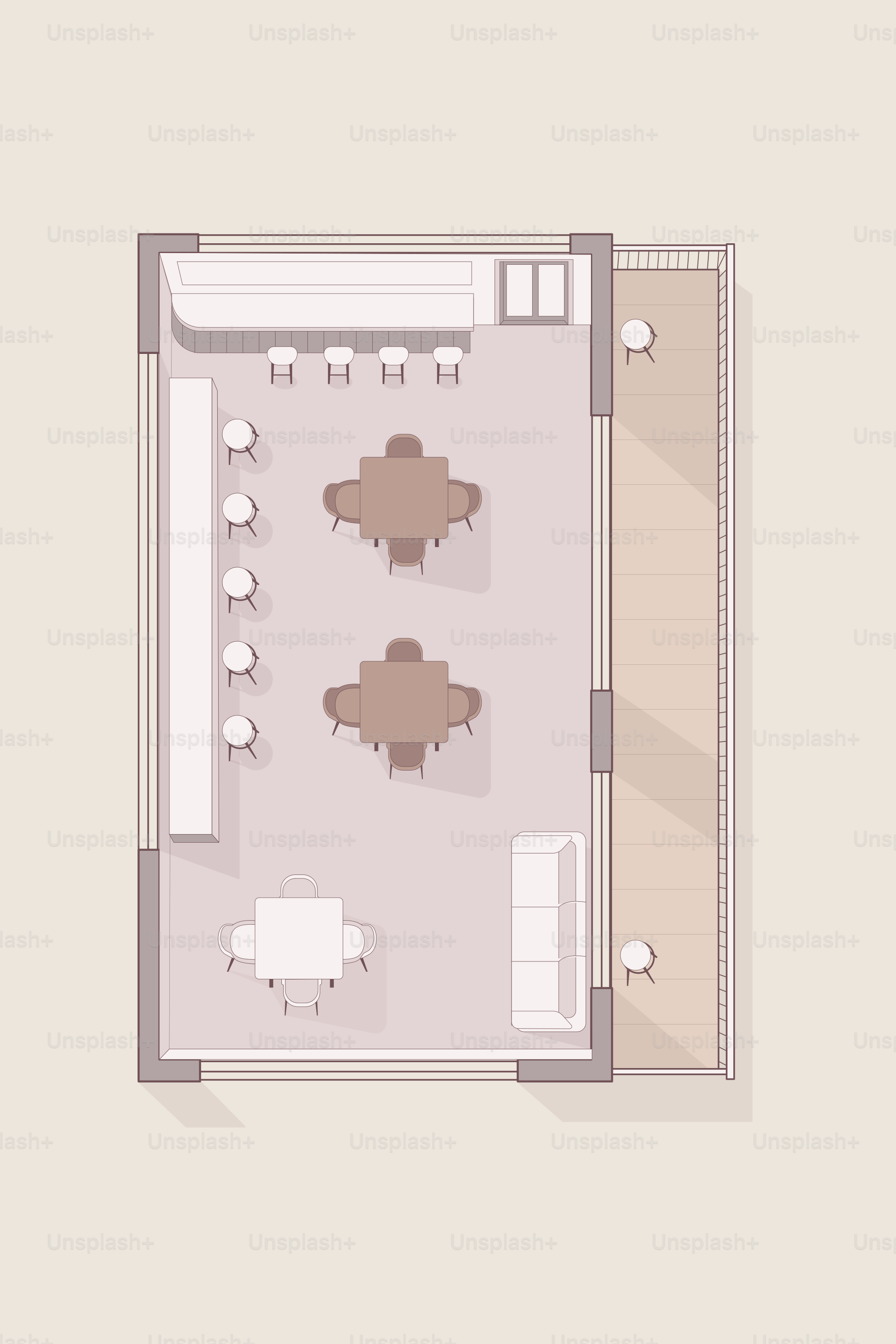 Top-down view of a cafe layout with tables and seating.