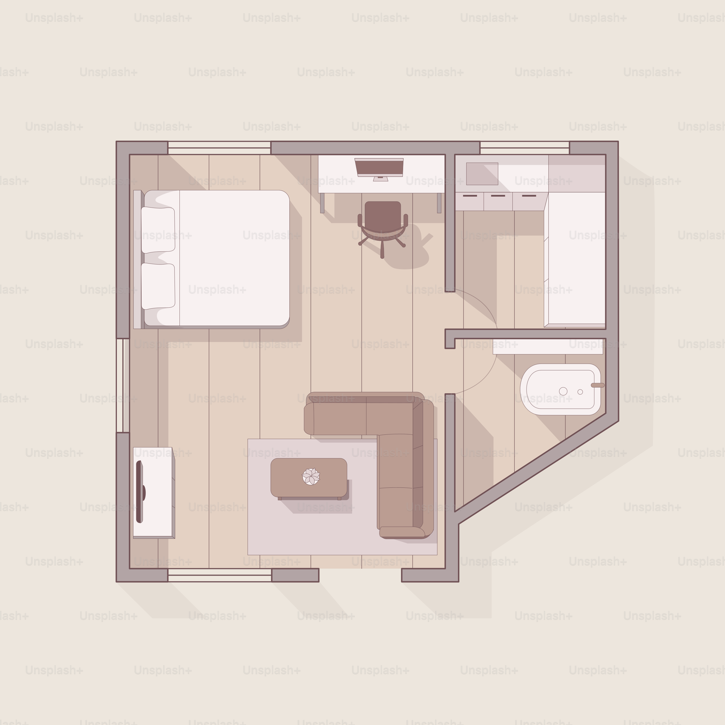Vista cenital de la distribución de un estudio de apartamento.