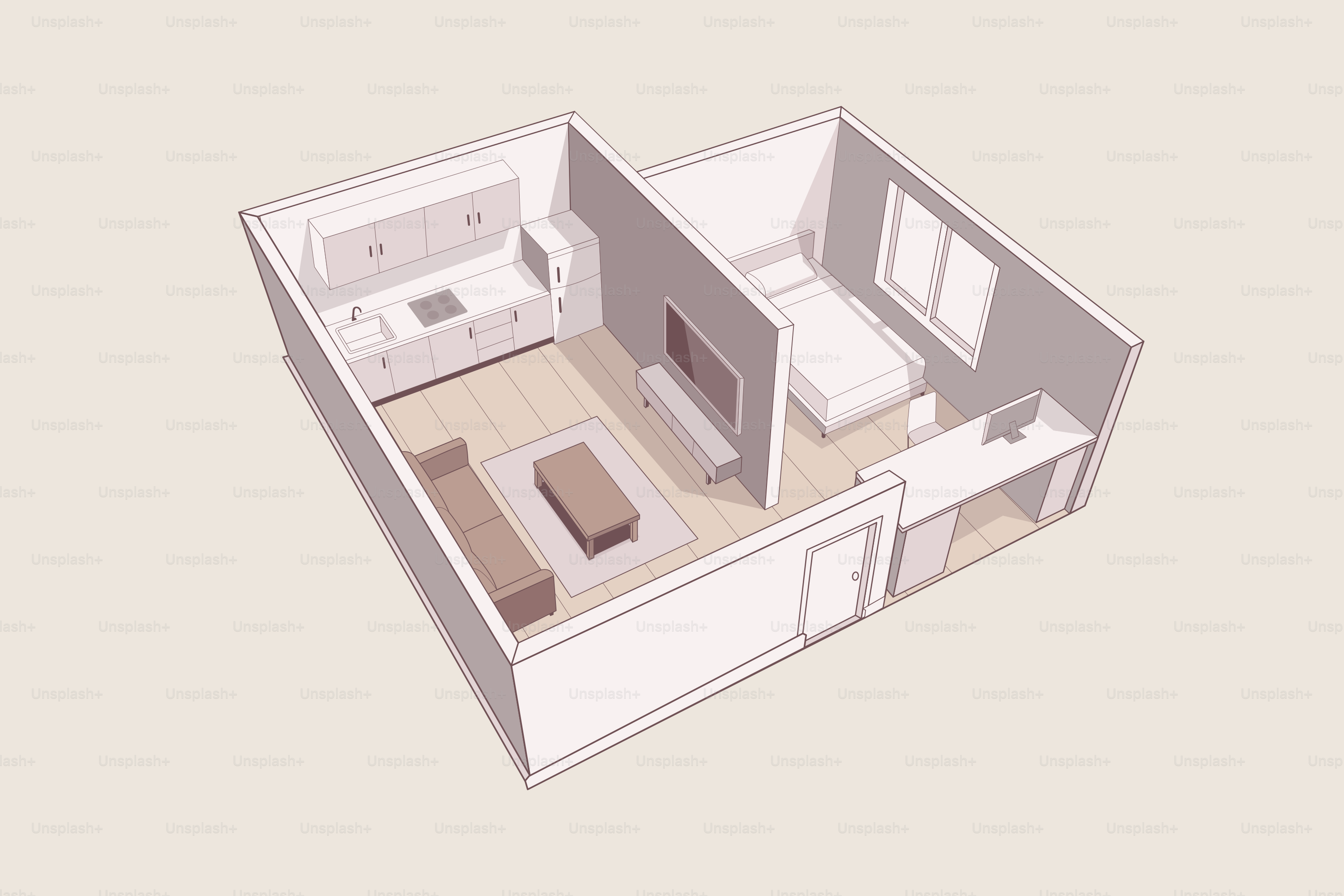 Una distribución minimalista de estudio con zonas de estar y dormir.