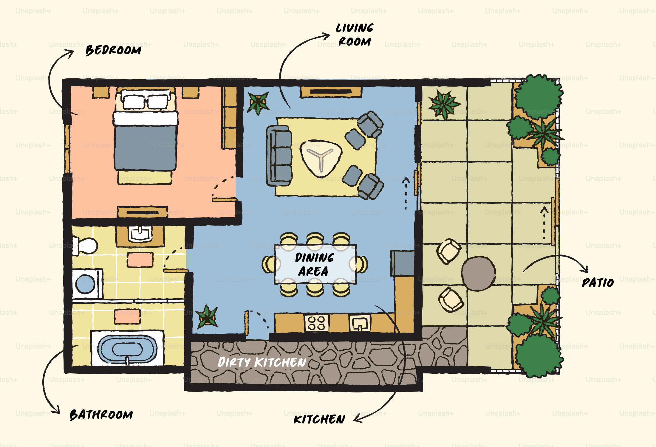 Floor plan of a house with living and dining areas.