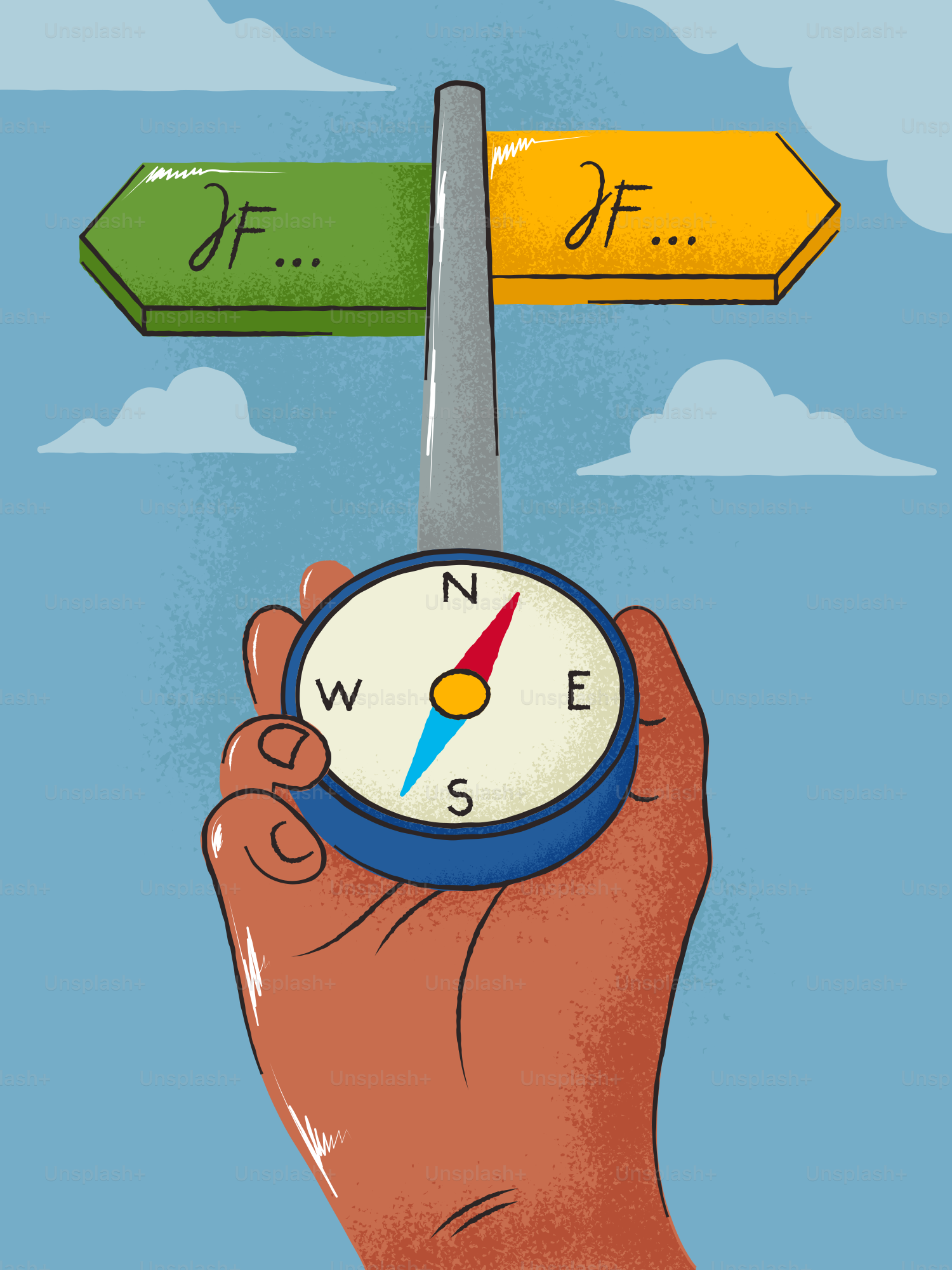Hand holding compass at a directional sign