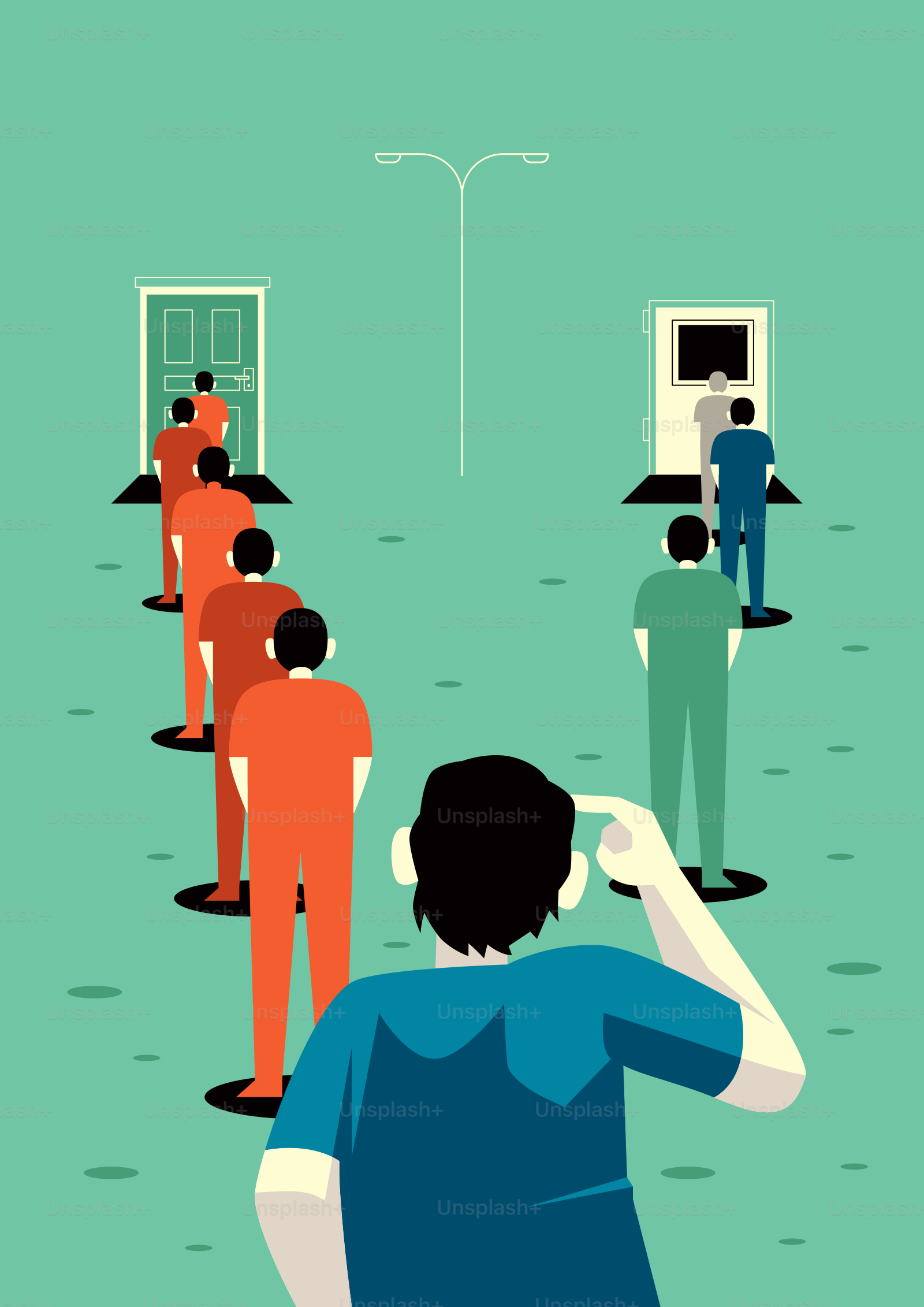 People lined up at two different doors, making a choice.