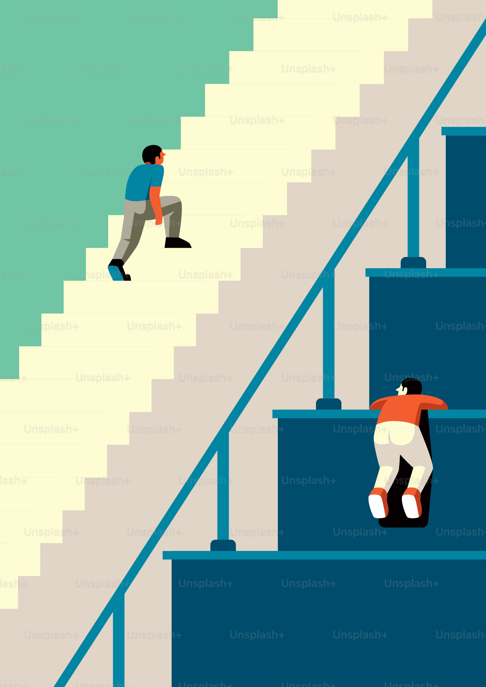 Two people climbing stairs with different approaches.