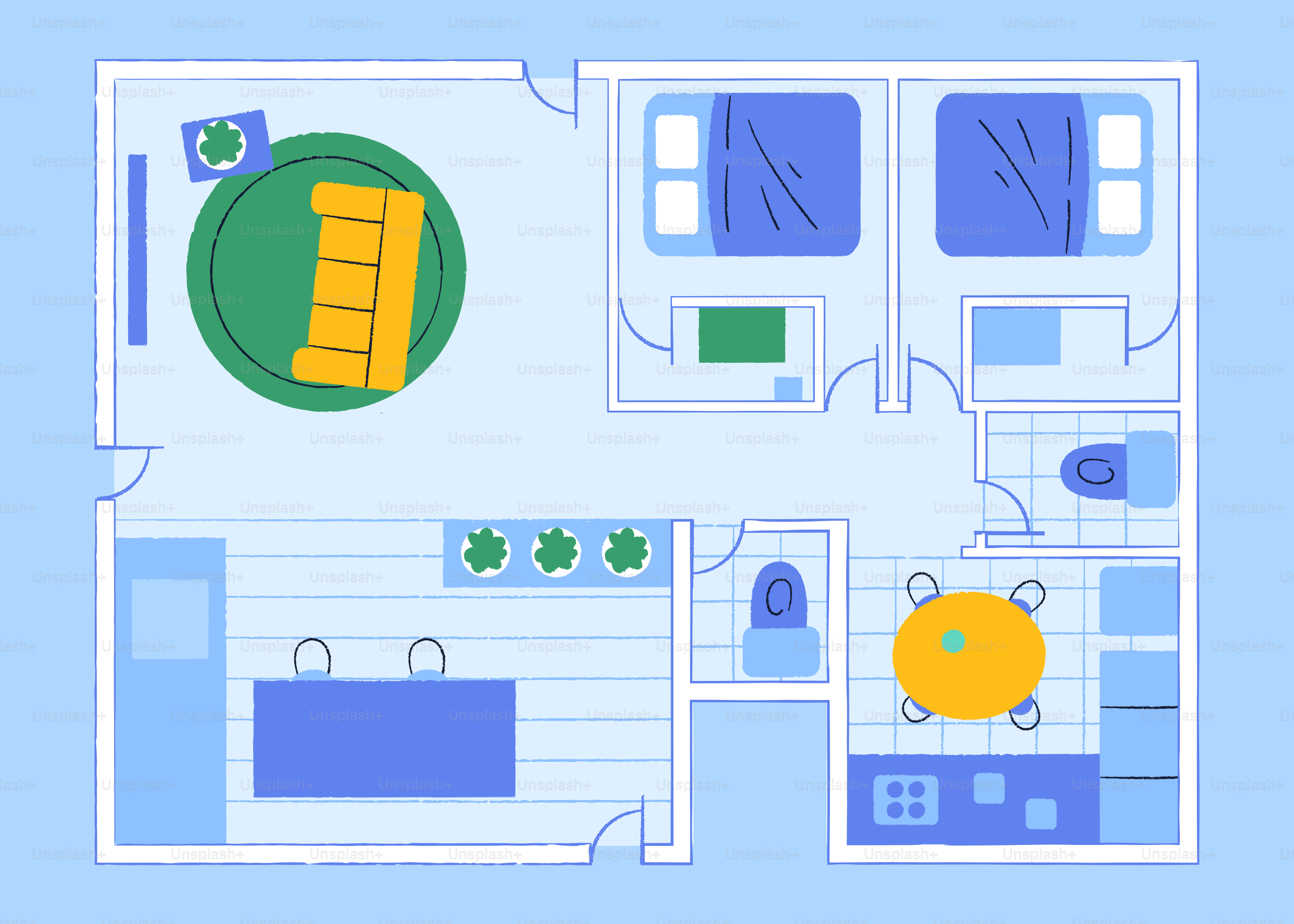 Floor plan of a modern apartment with two bedrooms.