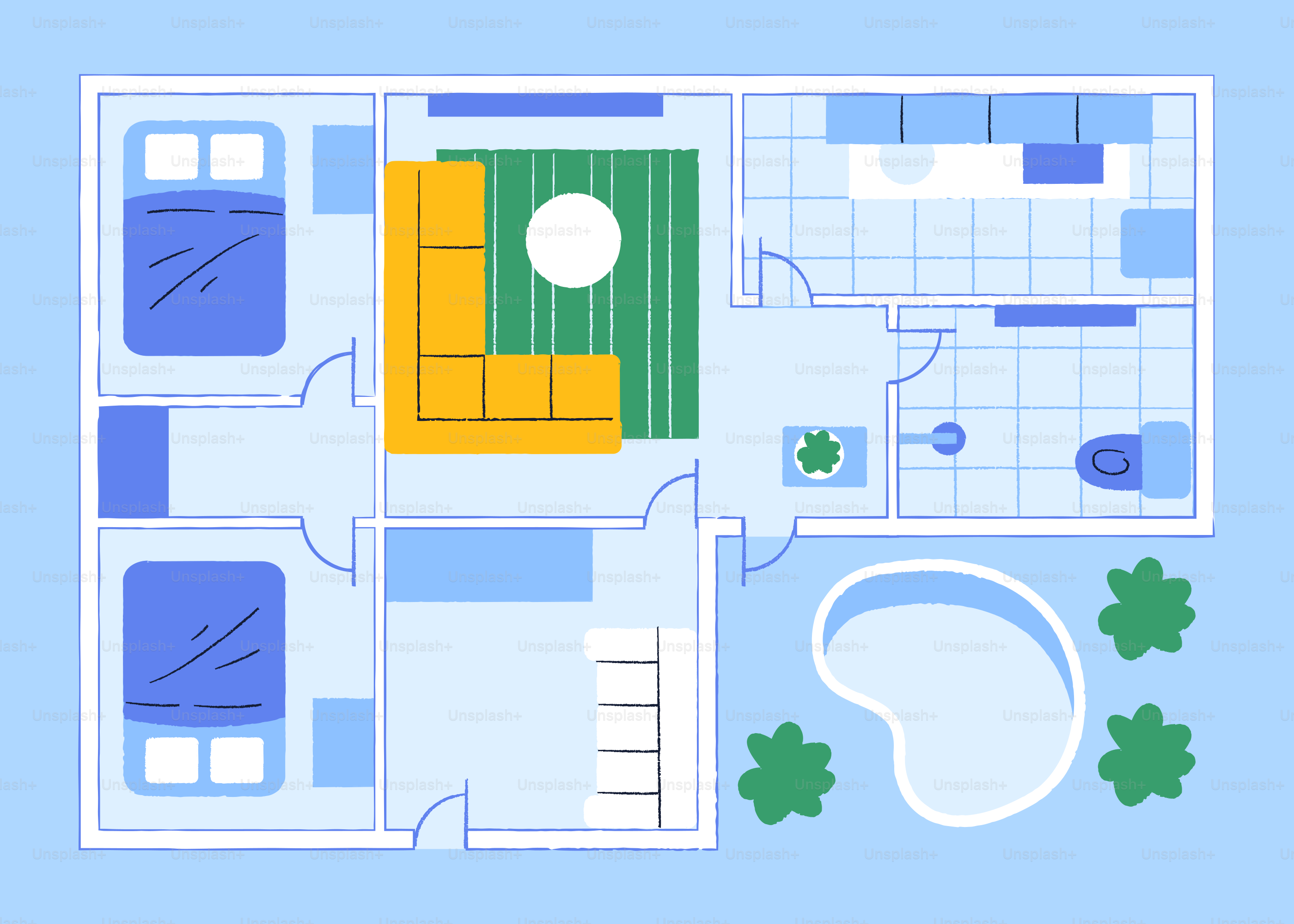 Floor plan of a modern house with pool