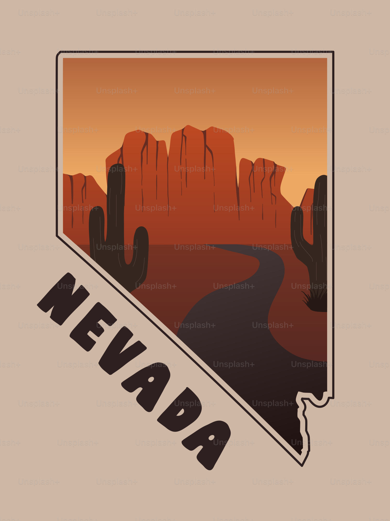 Wüstenlandschaft mit Kakteen und Felsformationen in Nevada.