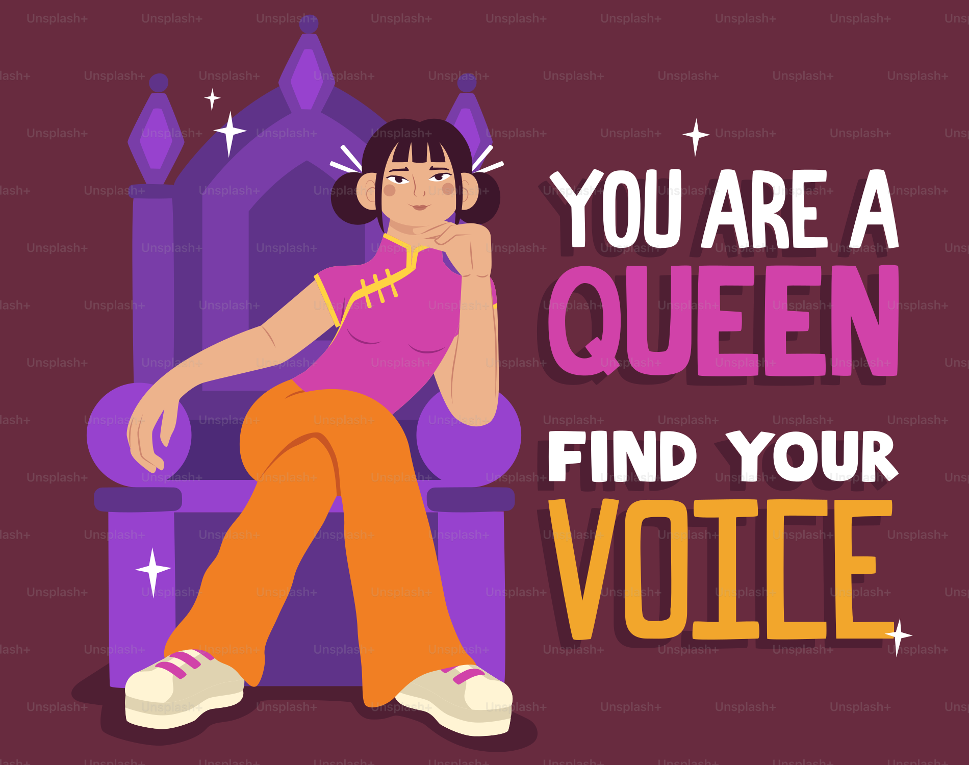 Eine junge Frau sitzt auf einem Thron mit inspirierendem Text.