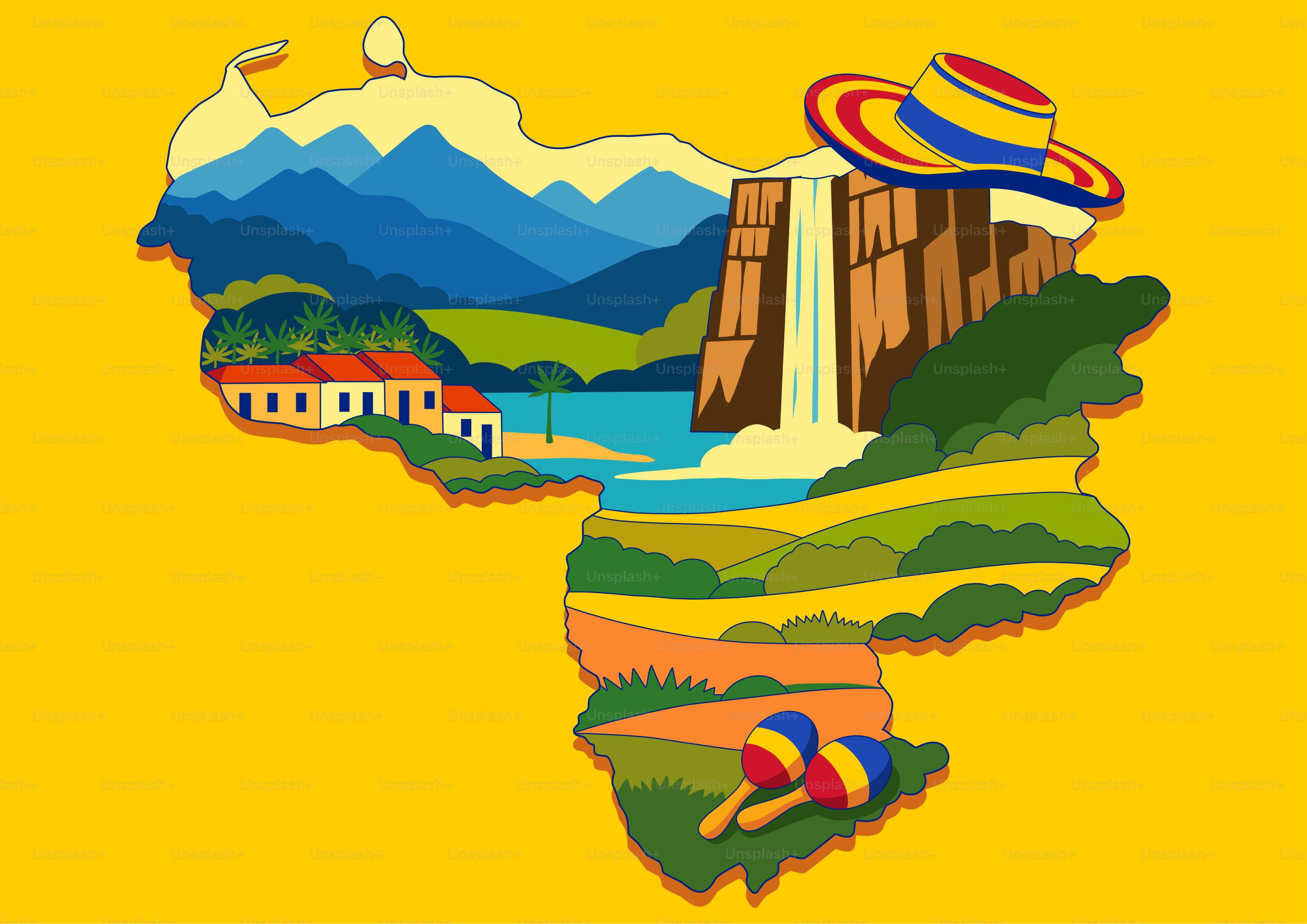 Carte du Venezuela remplie de paysages et de symboles culturels.