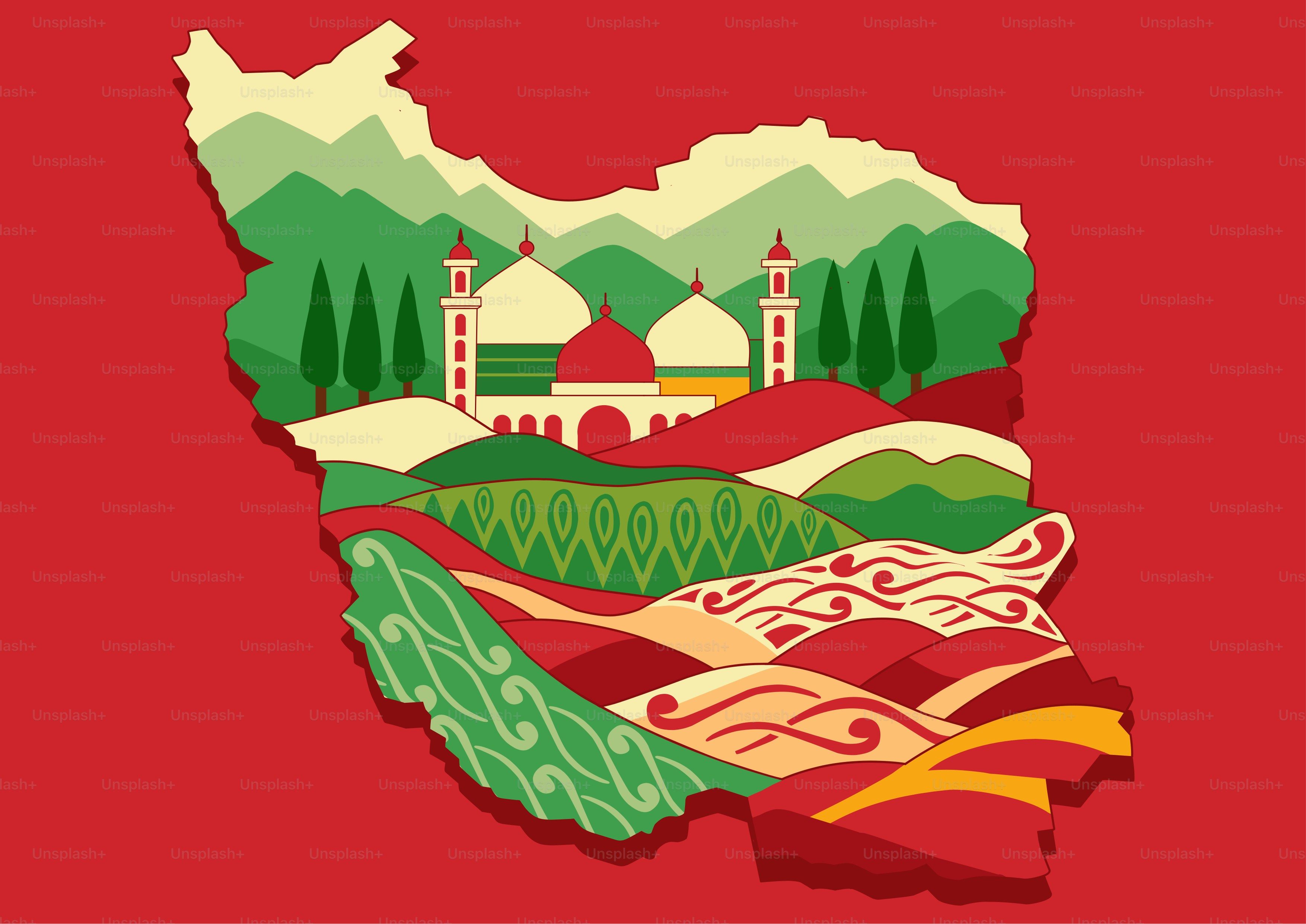 Map of iran with colorful landscape and mosque