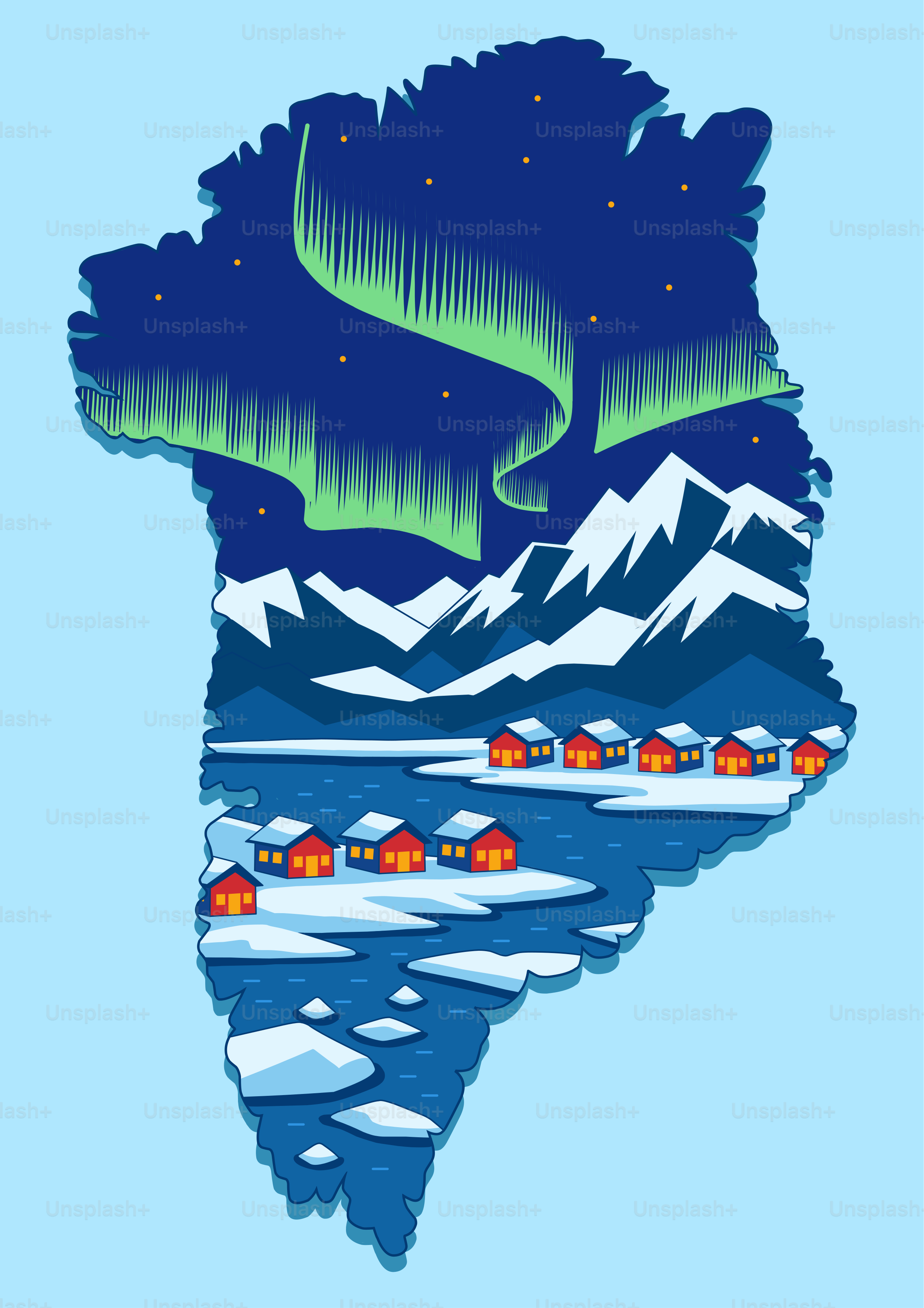 Carte du Groenland avec aurores boréales et village