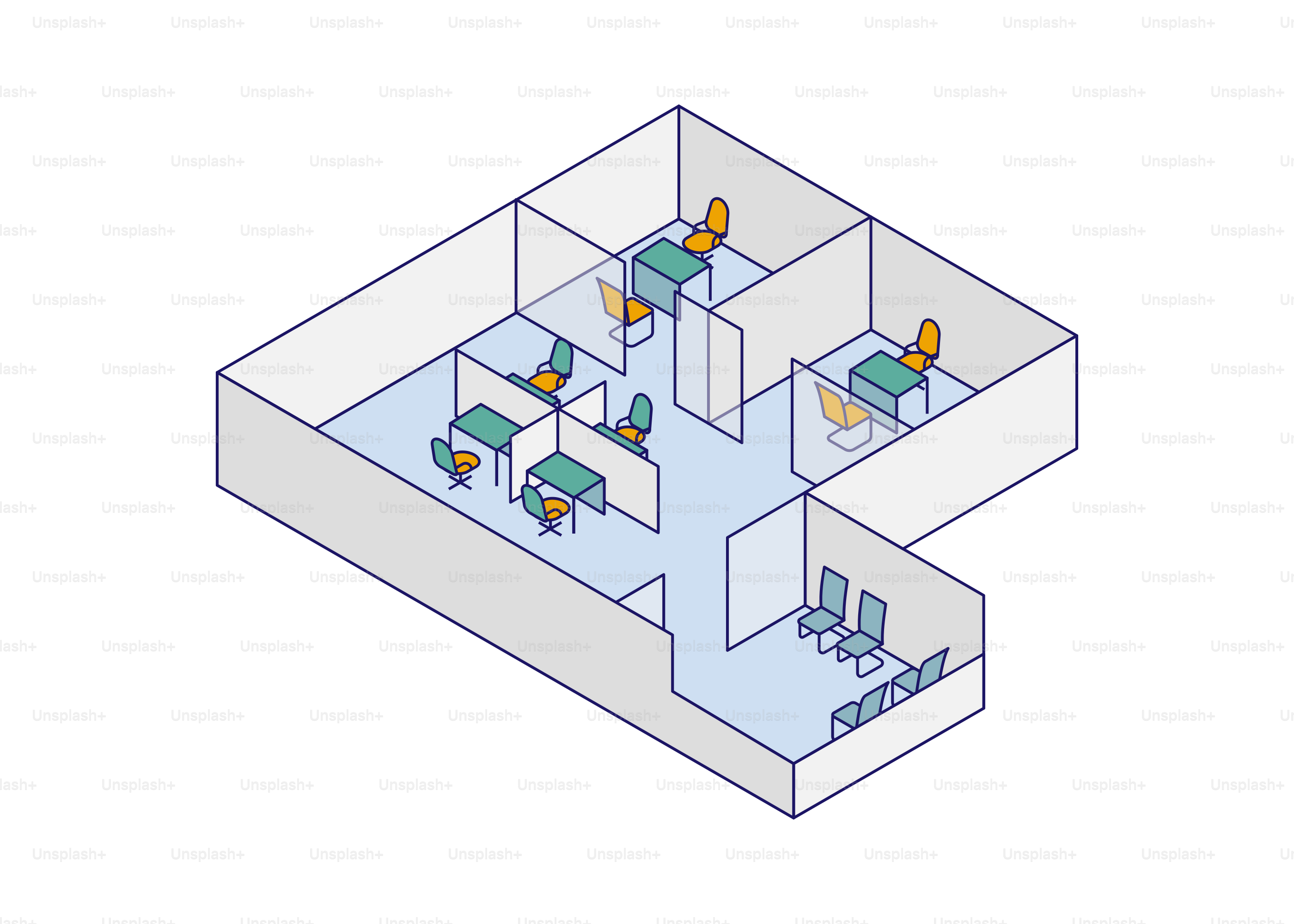 Isometrische Ansicht eines modernen Bürolayouts mit Kabinen.