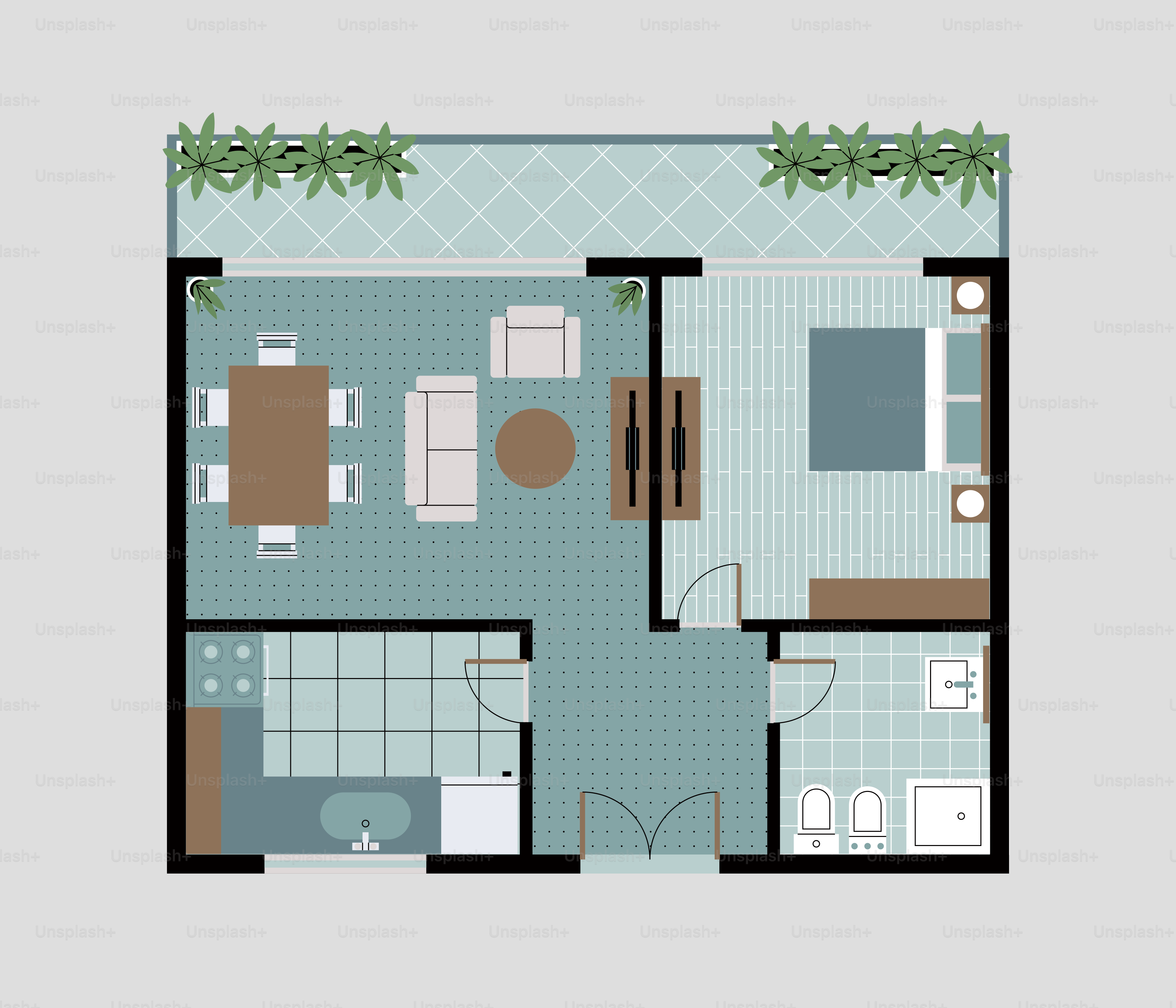 Un plano de planta de una distribución moderna de apartamentos