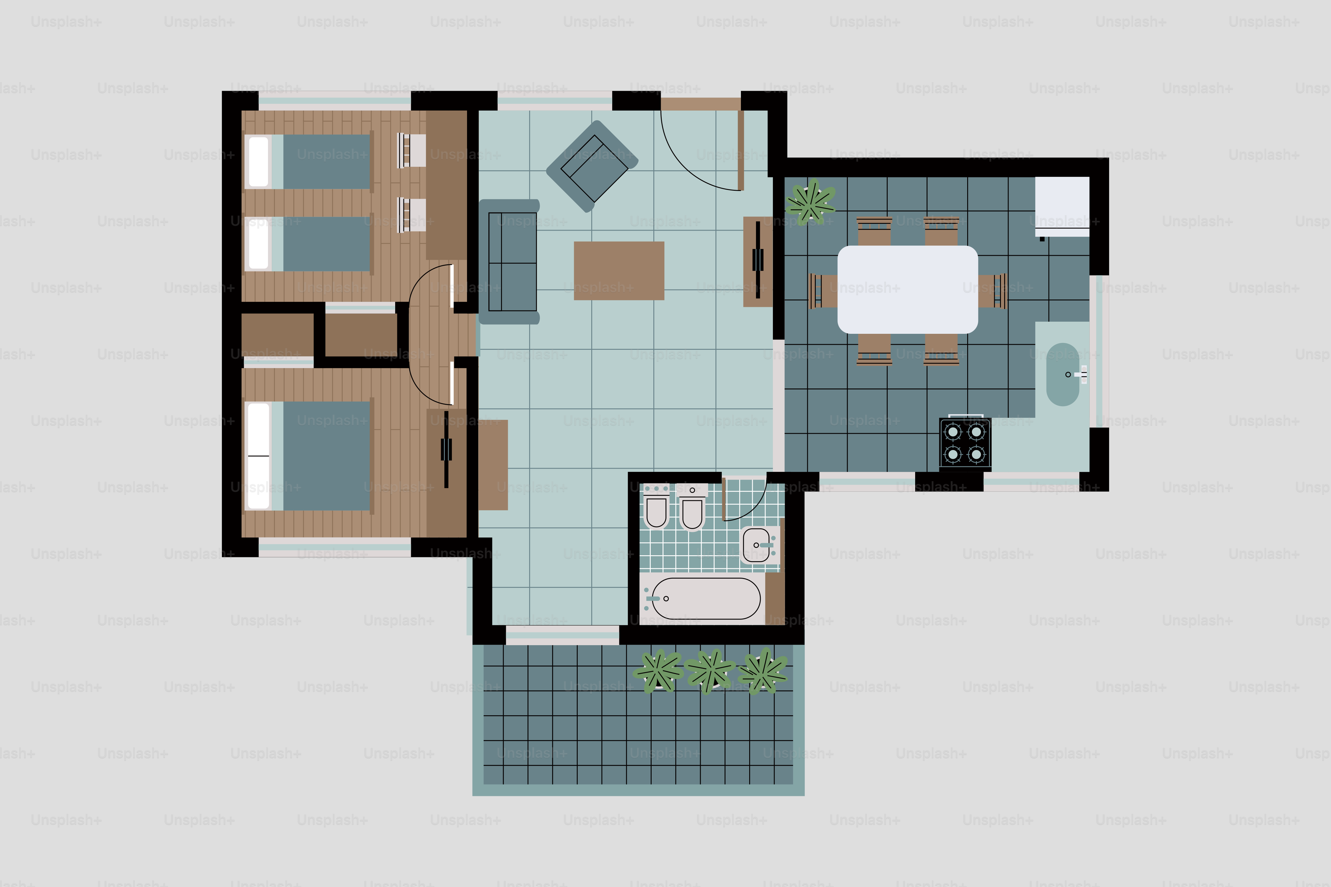 Plano de un apartamento de tres dormitorios con zona de comedor.