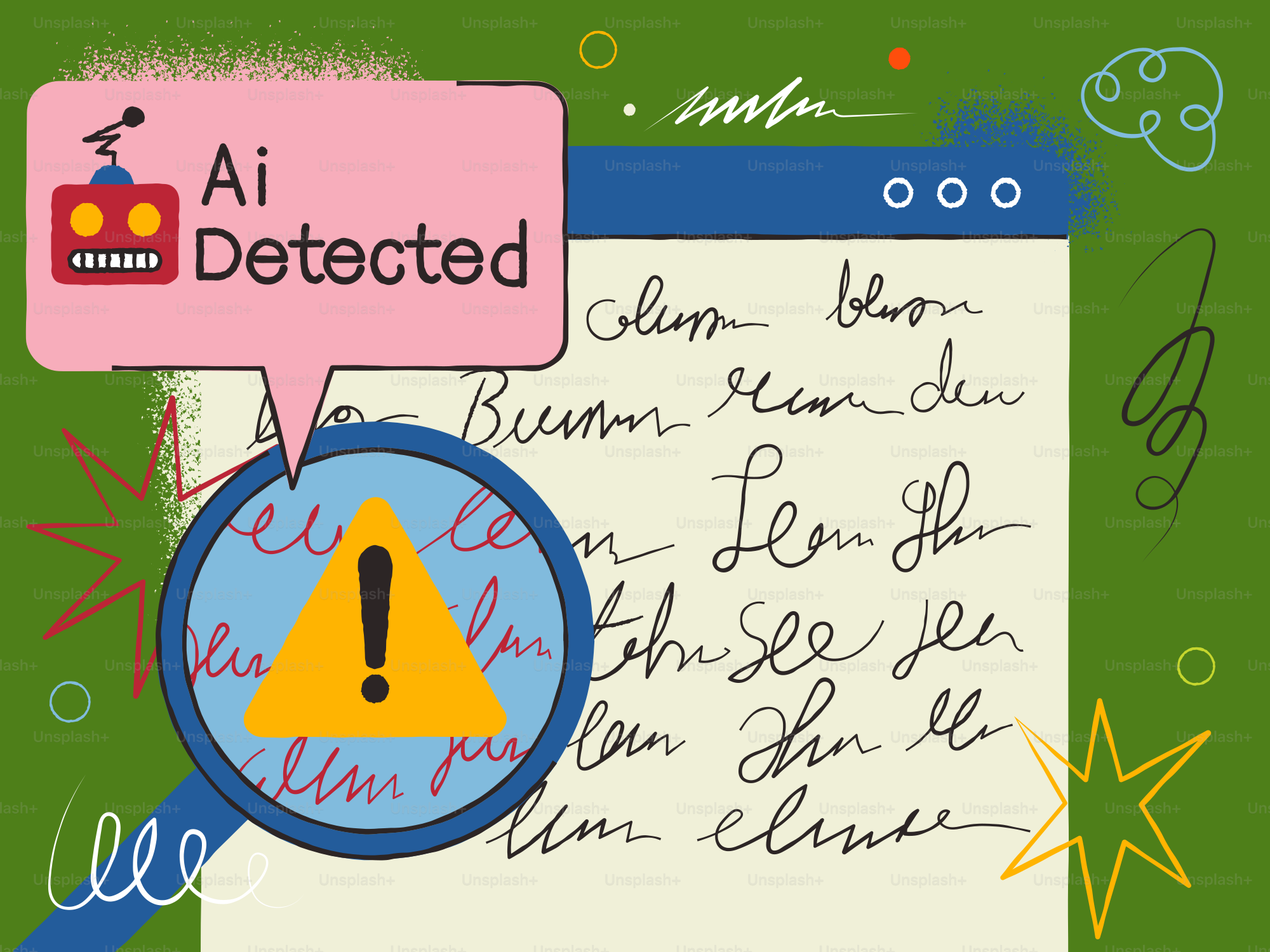 Magnifying glass over handwritten text with ai detected alert.