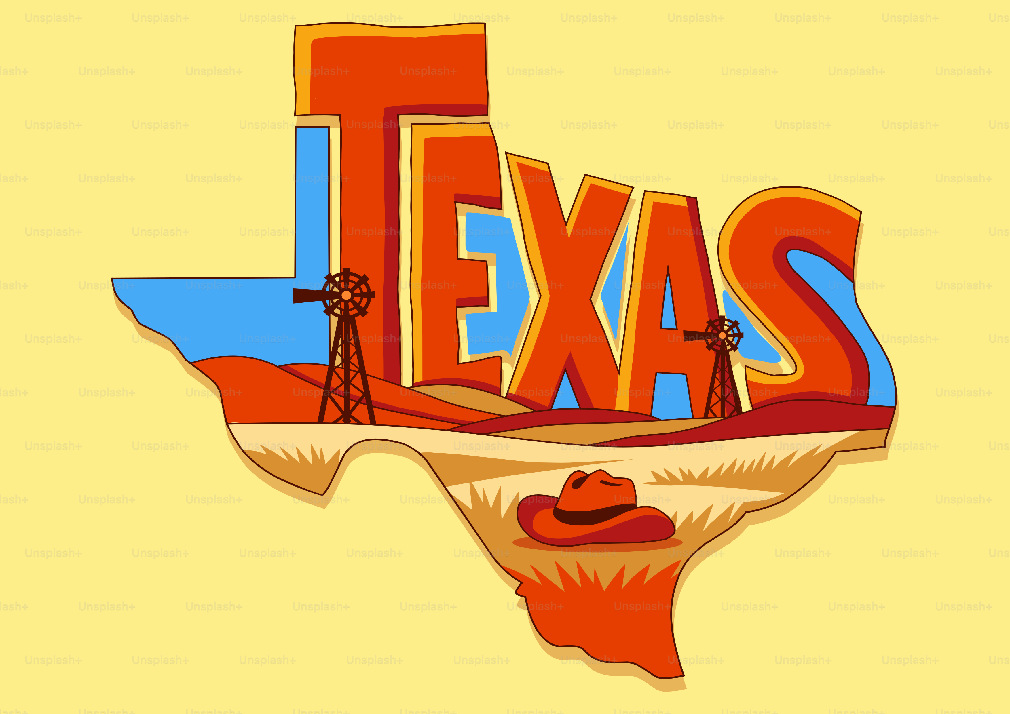 Texas state outline with western landscape and cowboy hat