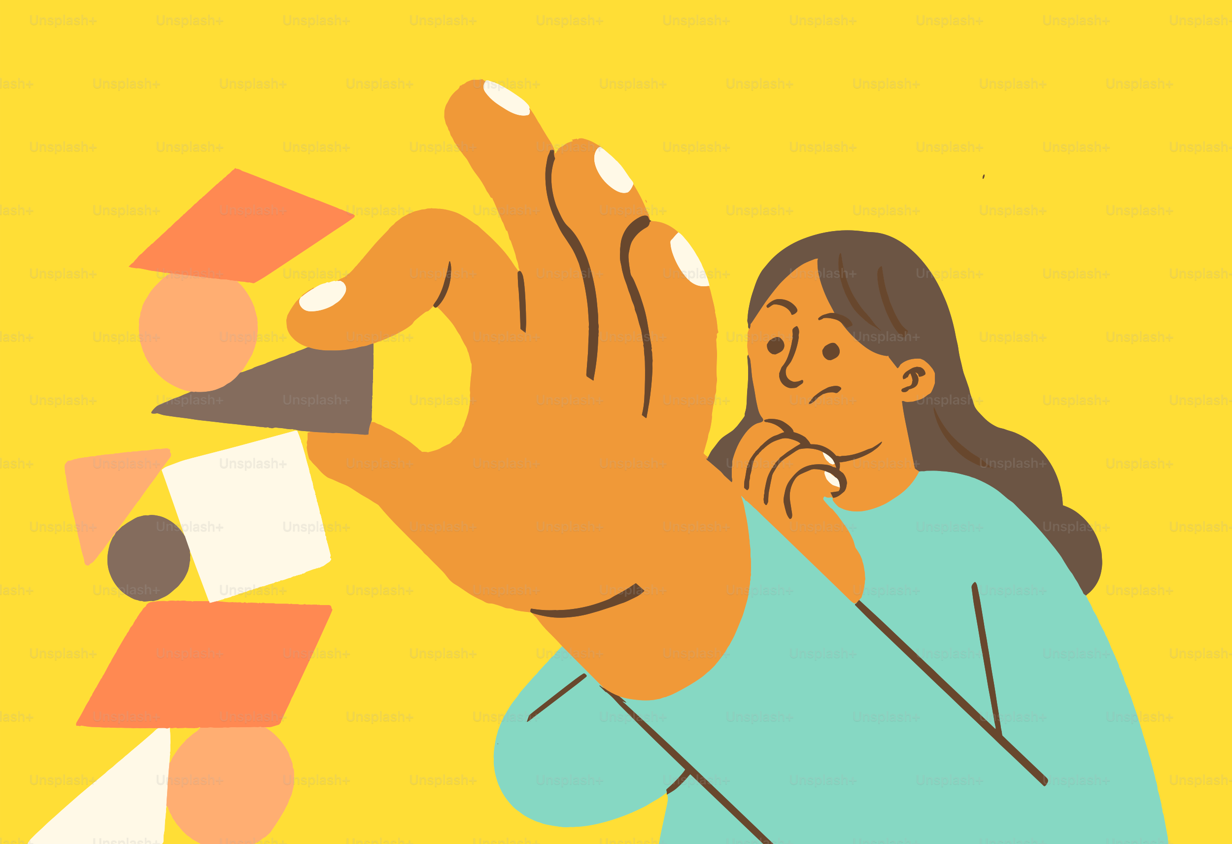 Mulher construindo uma torre de formas geométricas.