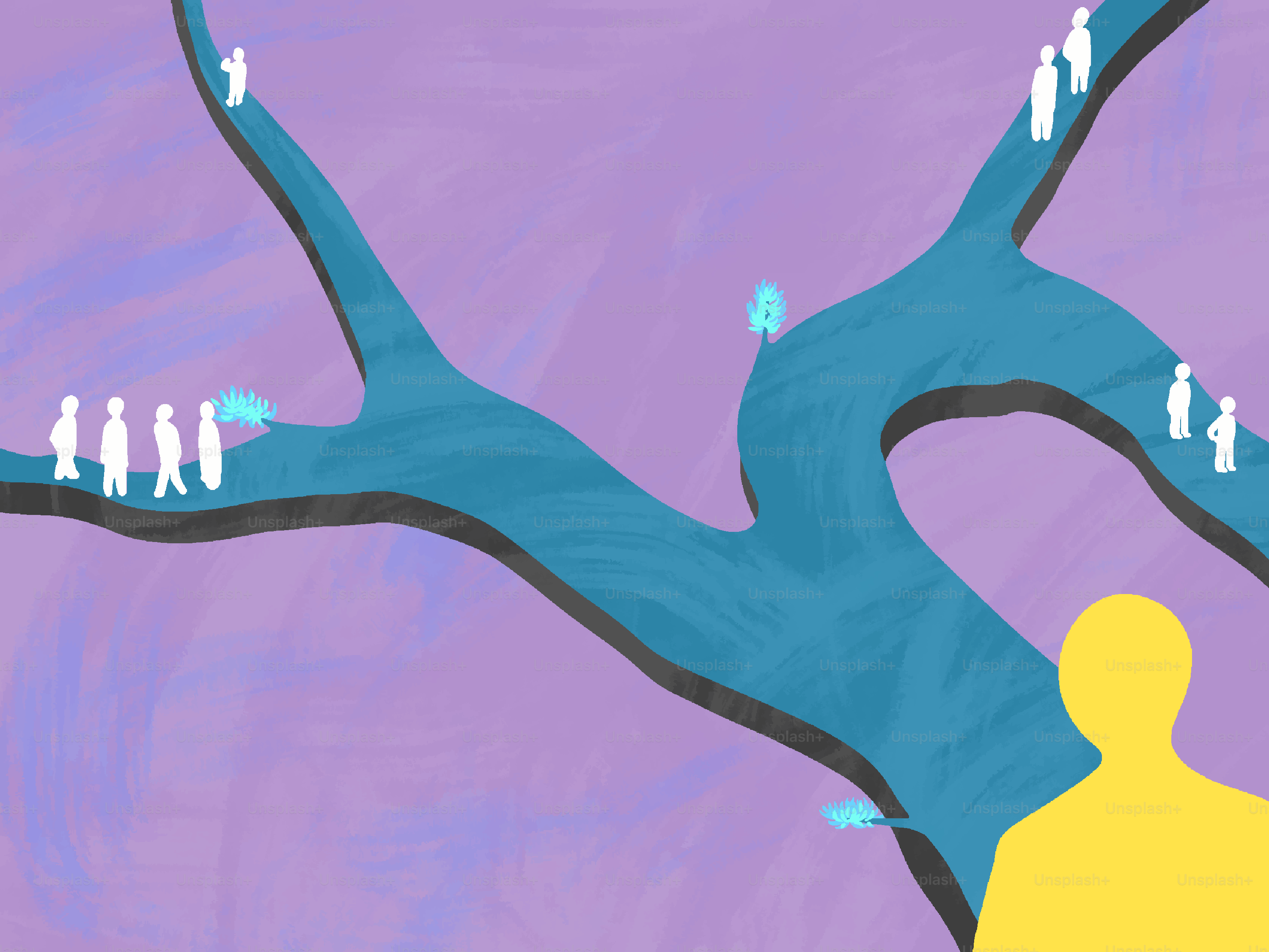 Chemins bleus abstraits avec des figures blanches sur fond violet