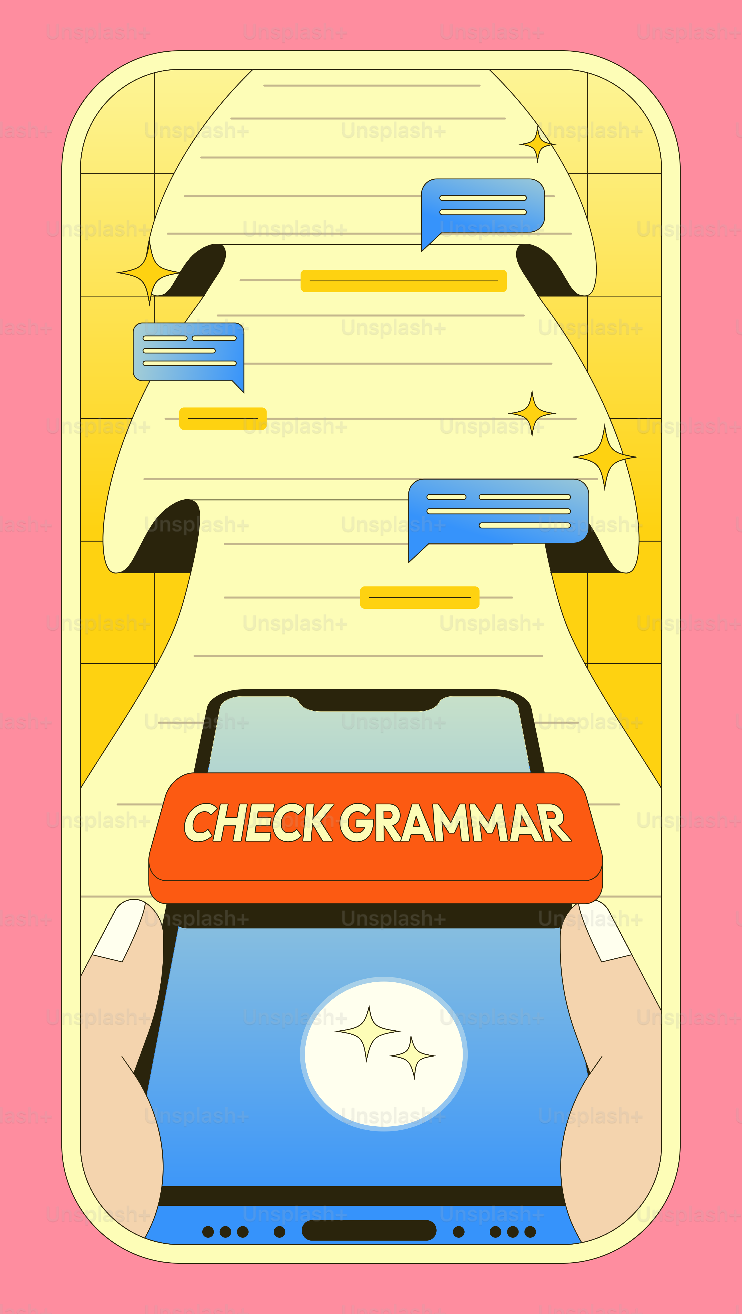 Hands holding phone with "check grammar" button