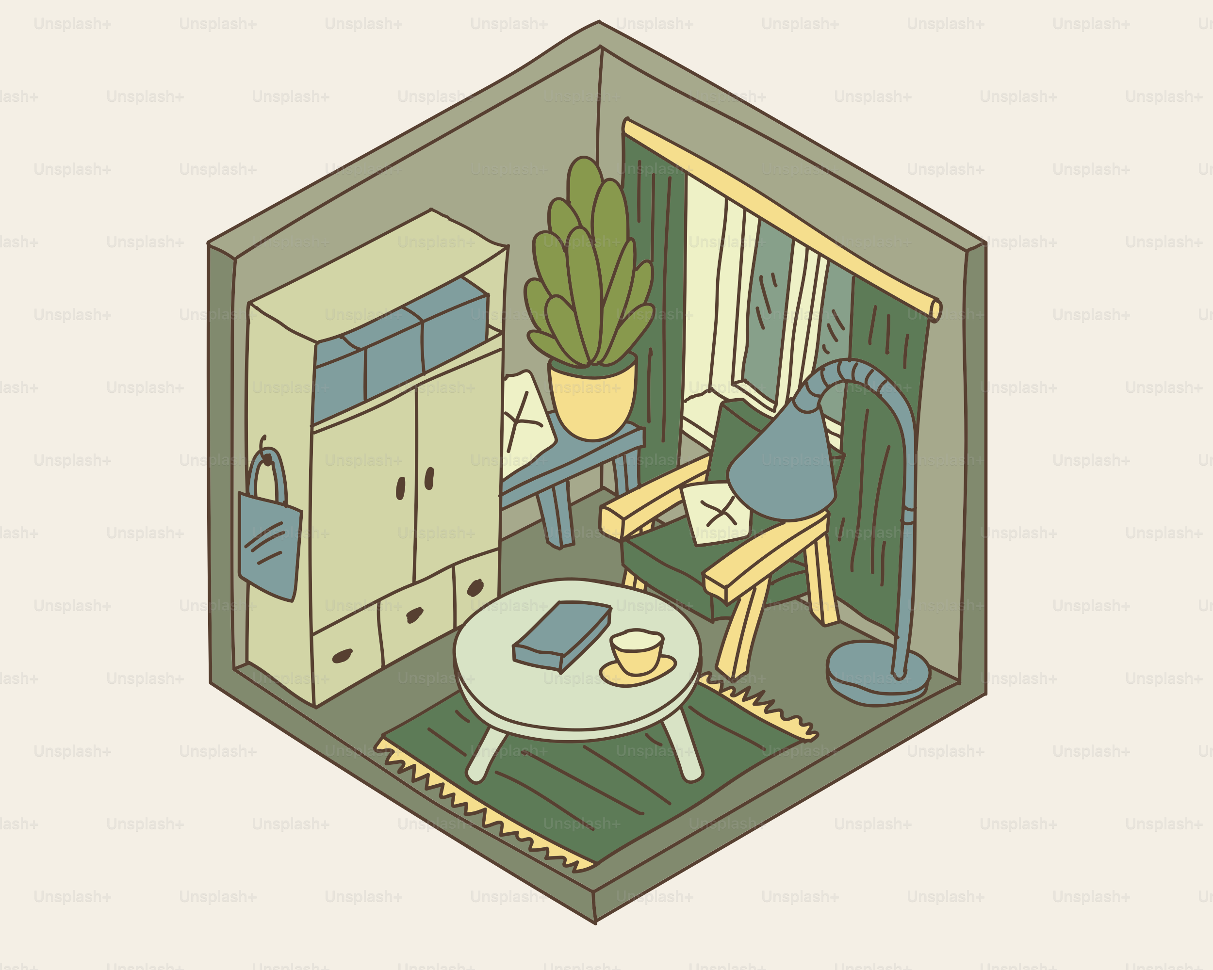 Gemütliches Zimmer mit Sessel, Schreibtisch und Pflanze.