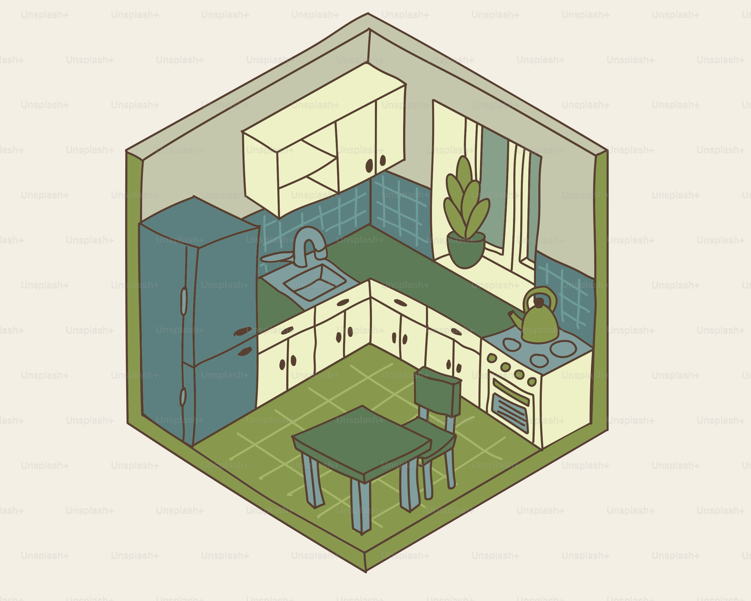 Eine kleine, gemütliche Küche mit Geräten und einem Tisch.