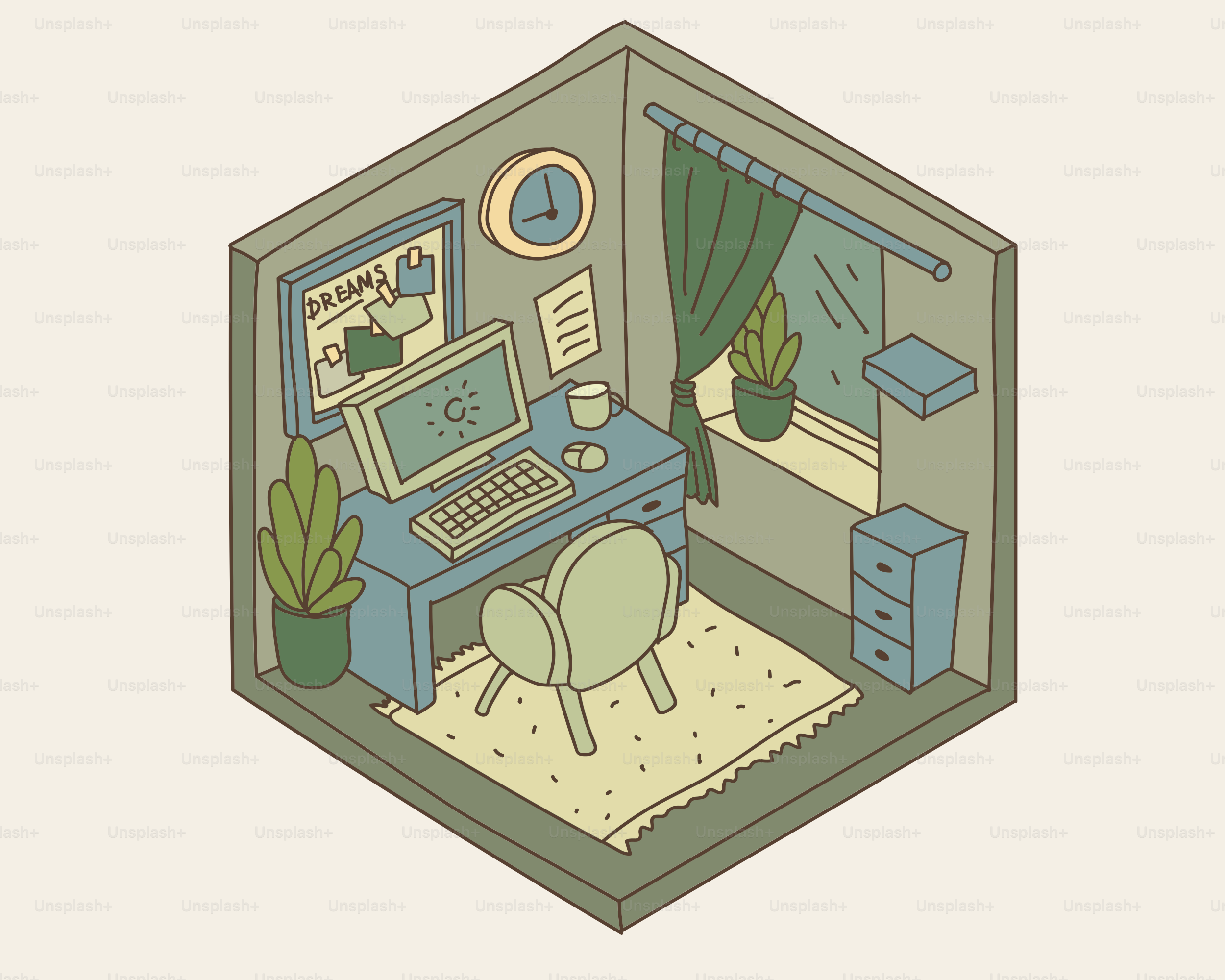 Gemütlicher isometrischer Raum mit Schreibtisch, Computer und Pflanzen.